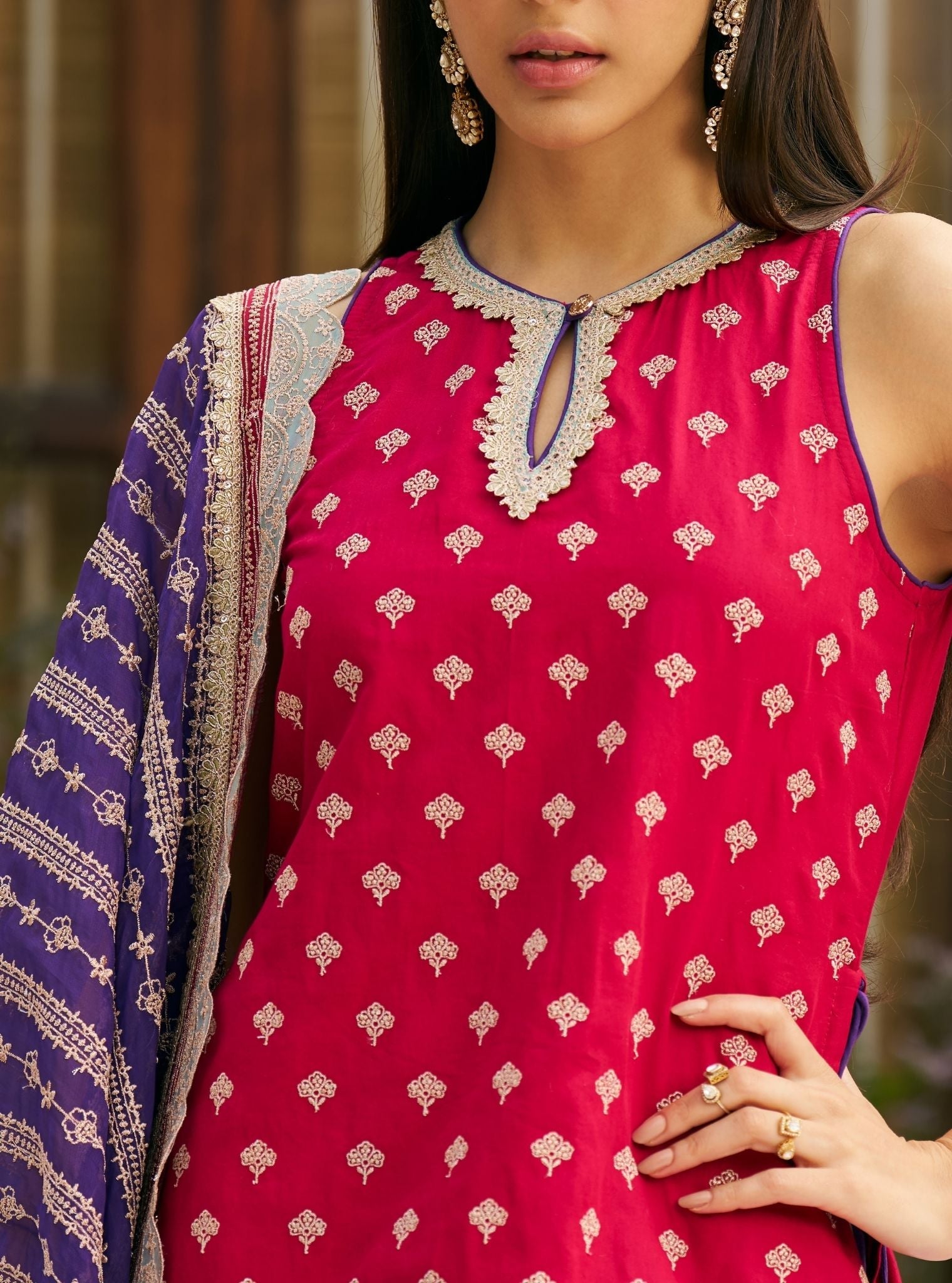 Sugandh Pima Satin Fuchsia Kurta Set