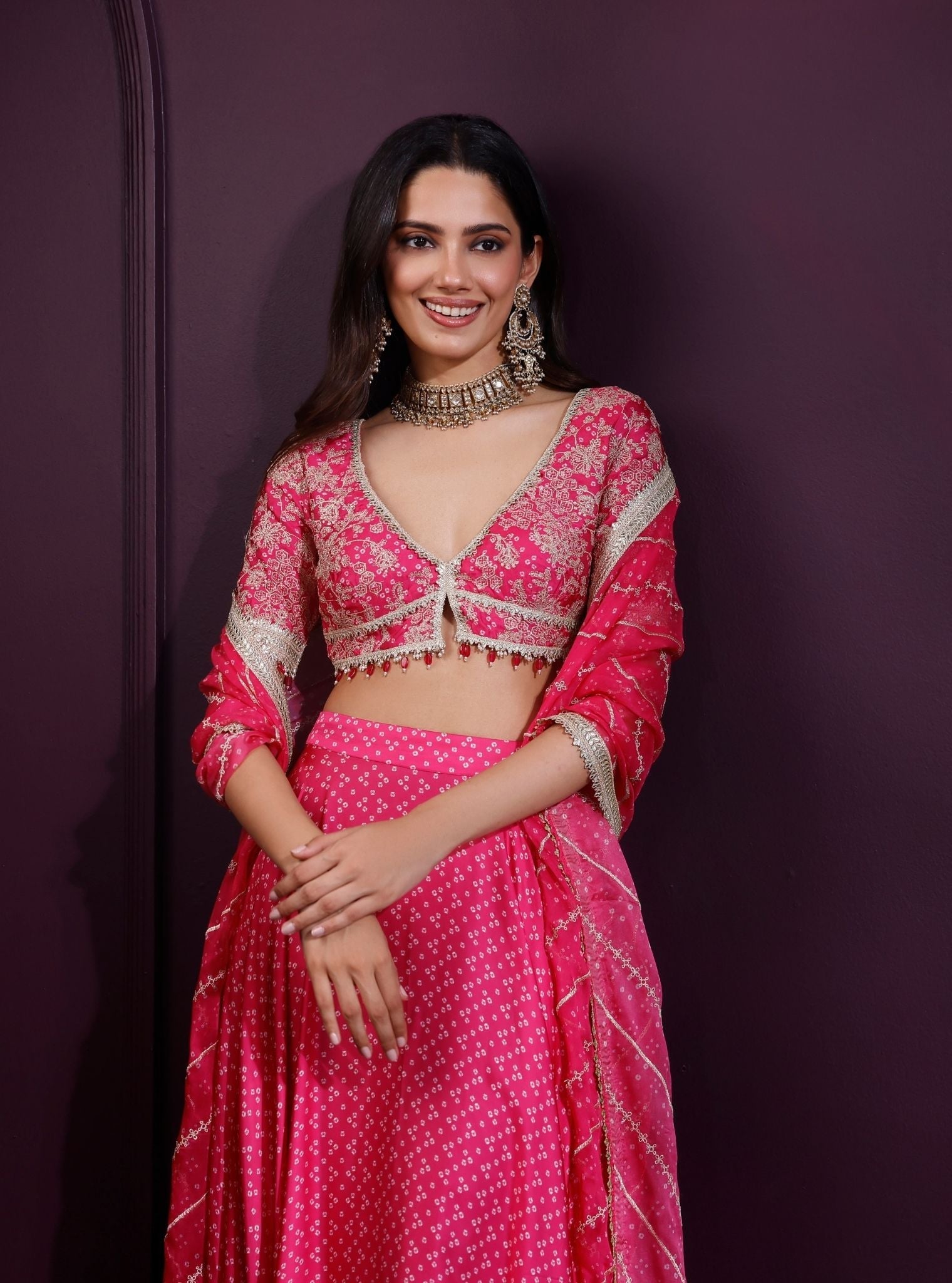 Kuni Cupro Satin Printed Fuschia Skirt Set