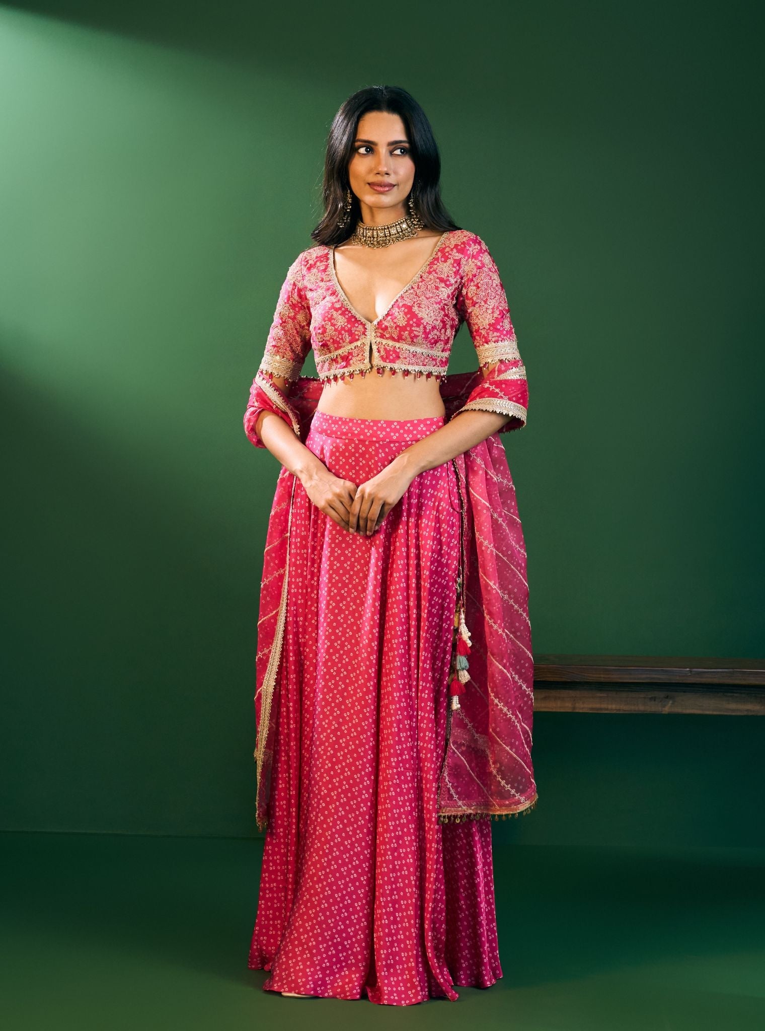 Kuni Cupro Satin Printed Fuschia Skirt Set