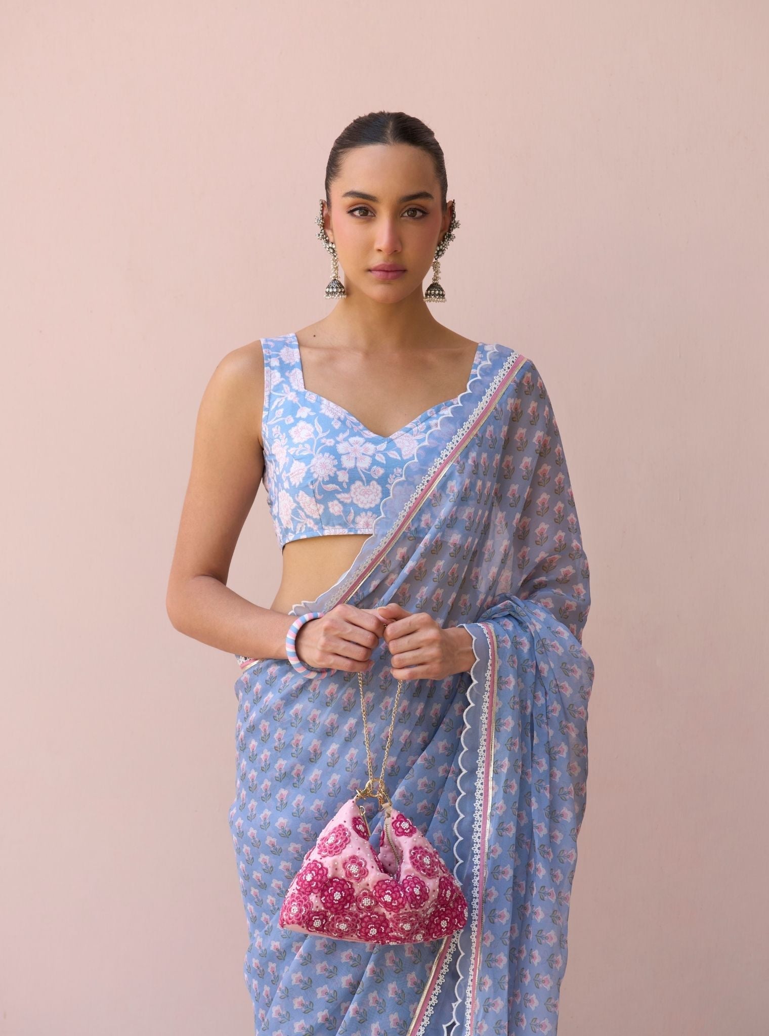 Clarimond Steel Blue Printed Organza Saree