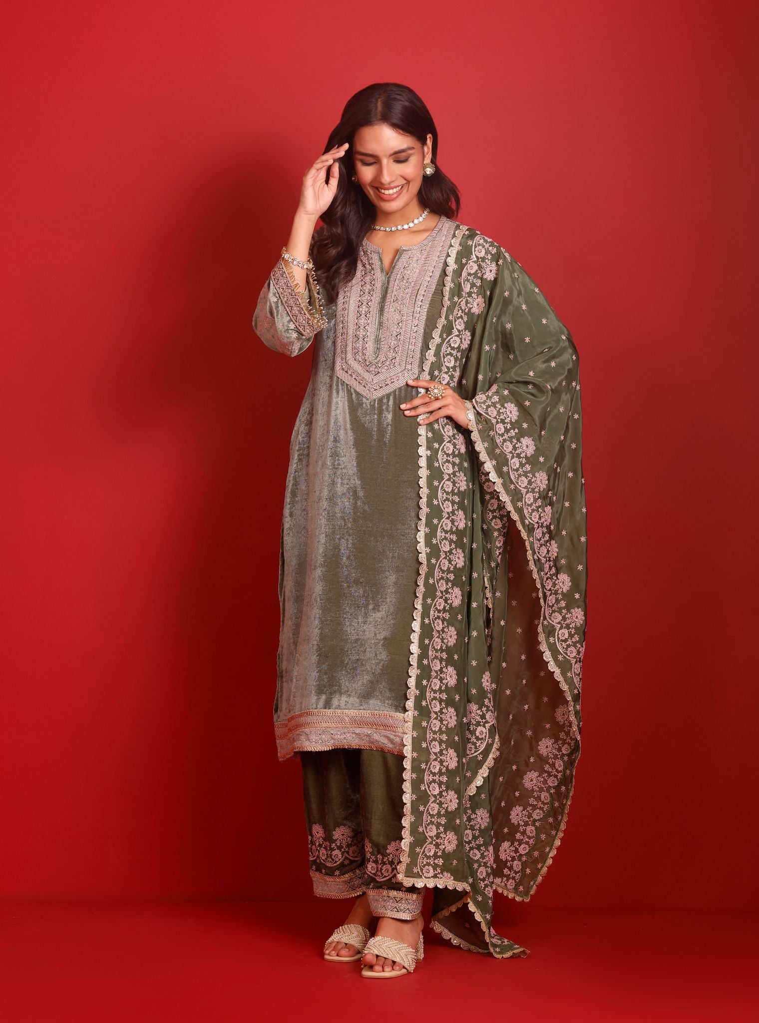 Madhaniya Velvet Olive Green Kurta Set
