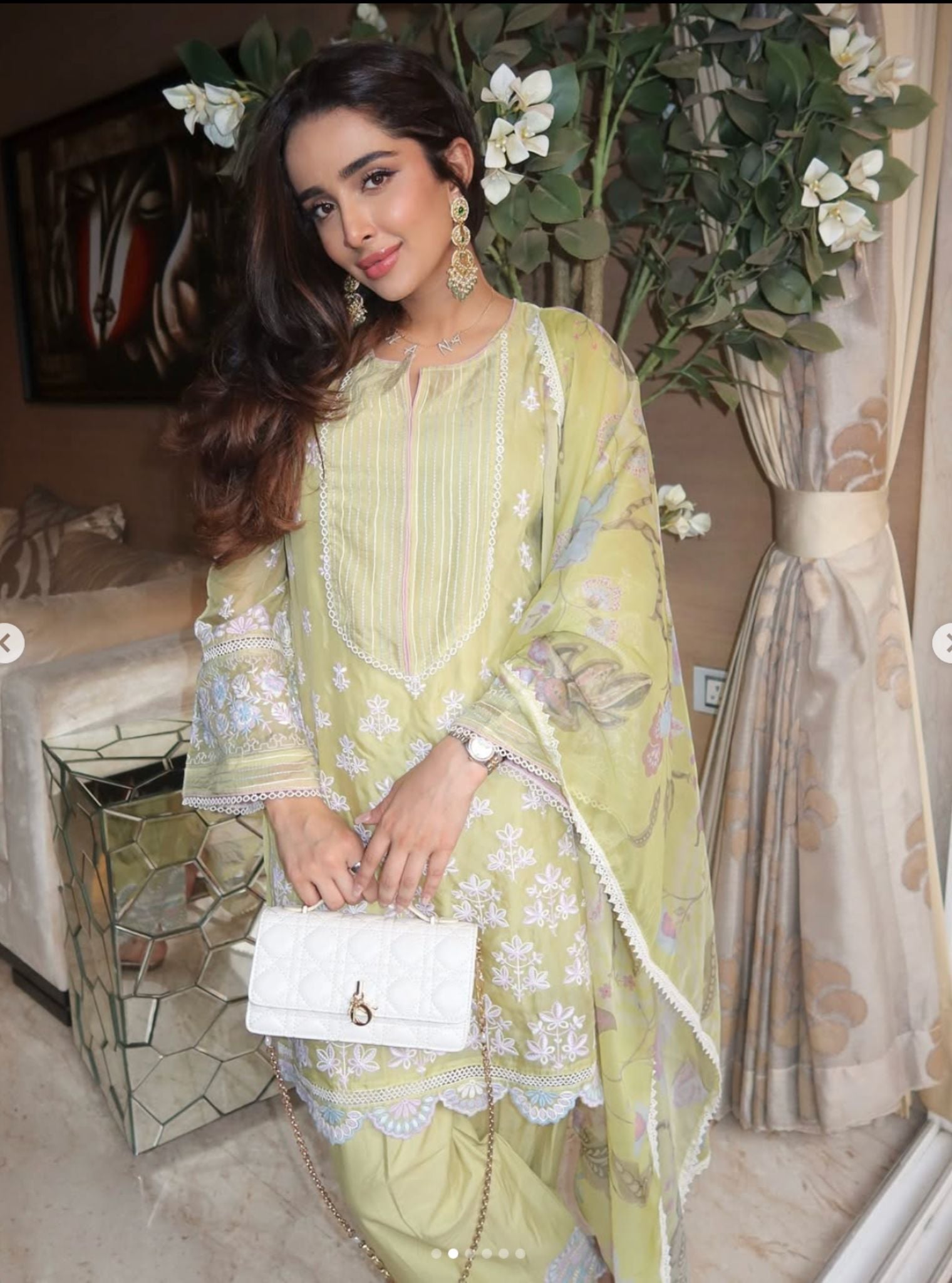 Mulmul Organza Shail Lime Kurta With Mulmul Cotton Shail Lime Pant