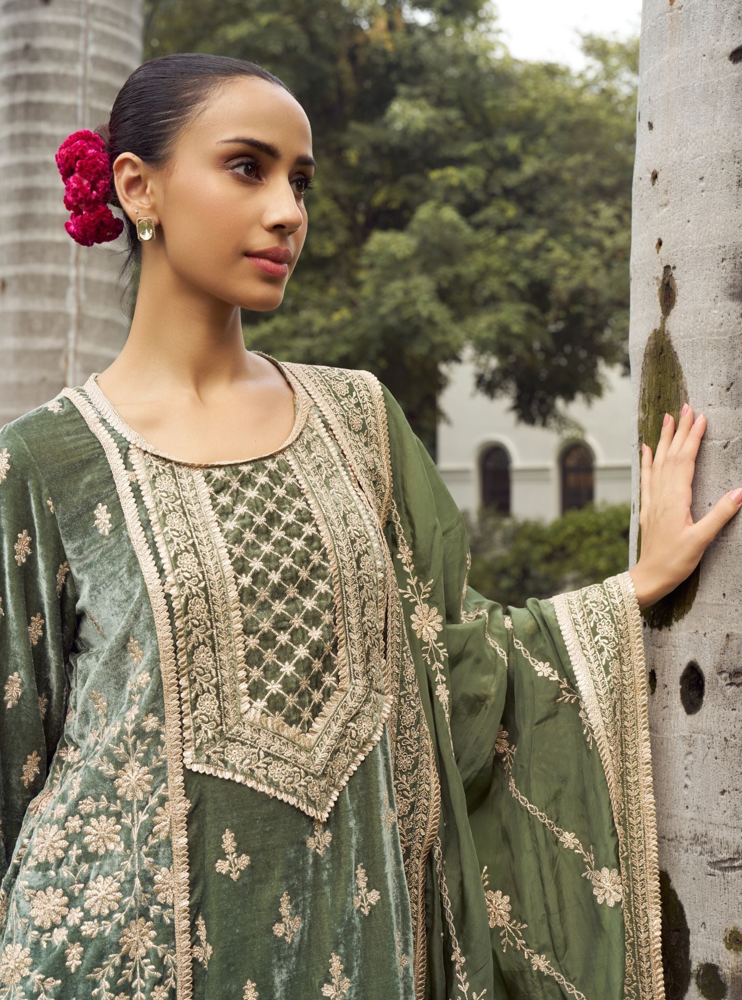 Shayari Velvet Olive Green Kurta with Dhoti Pant Set