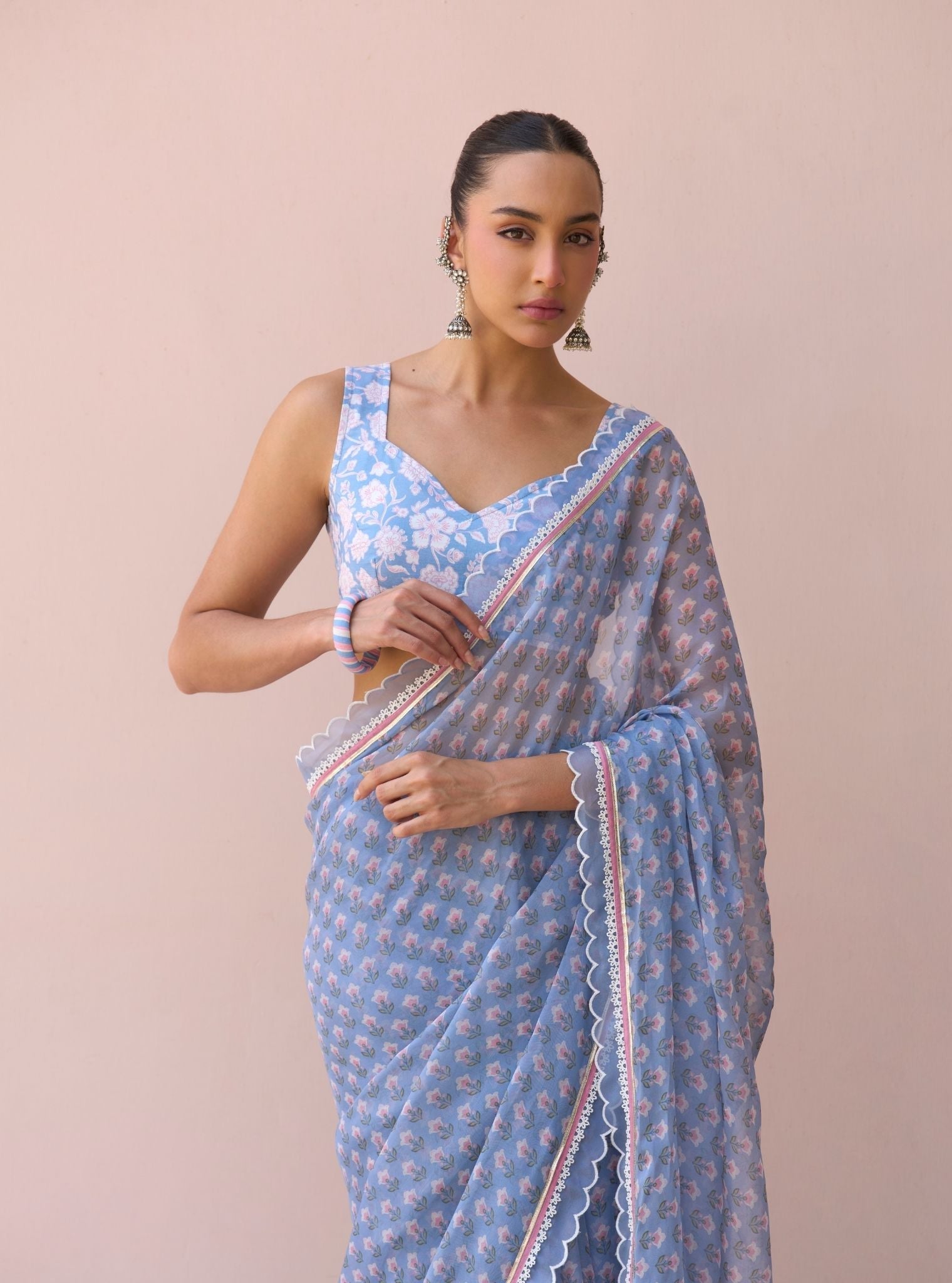 Clarimond Steel Blue Printed Organza Saree