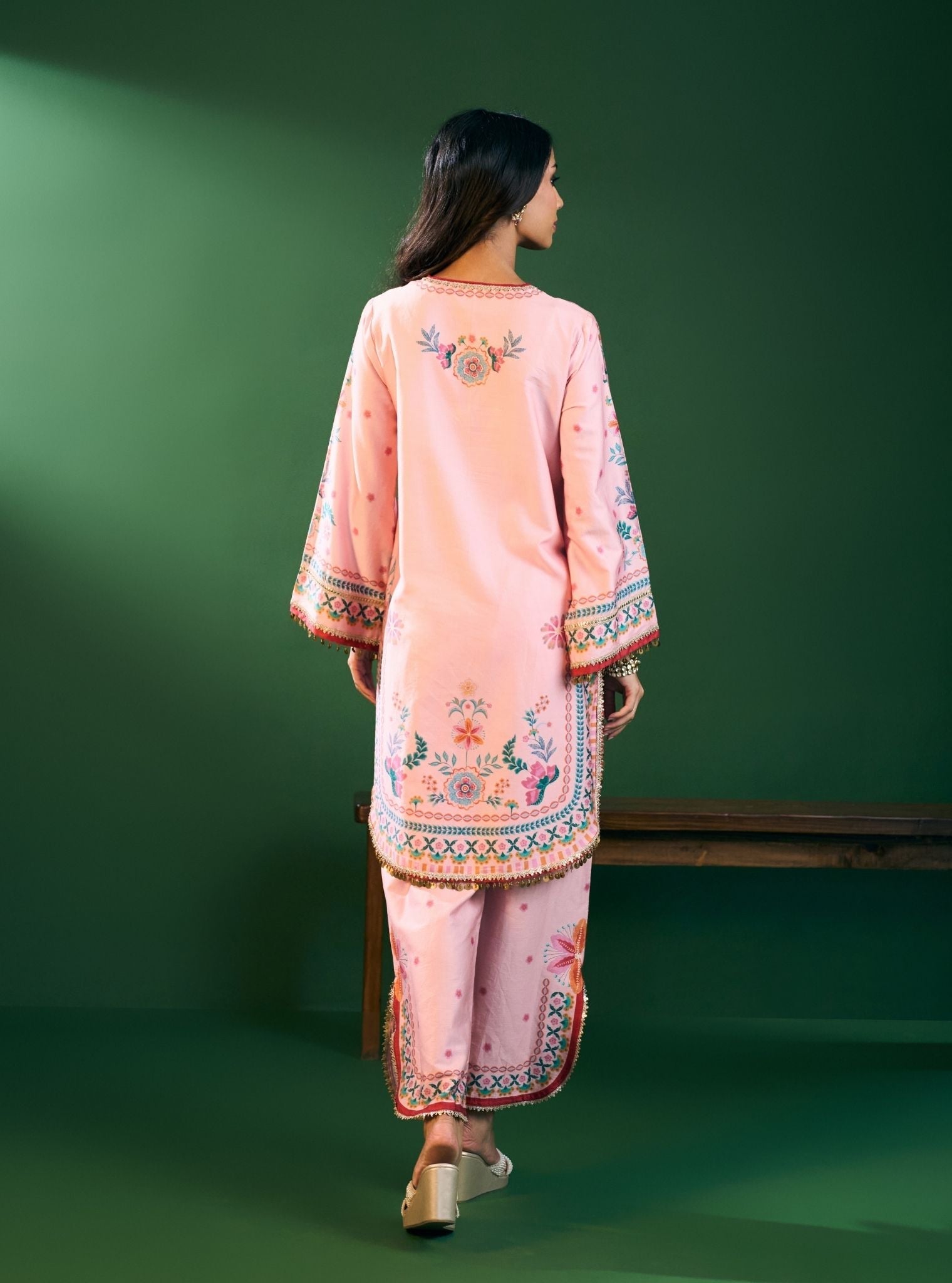 Omira Pima Satin Printed Pink Kurta Set