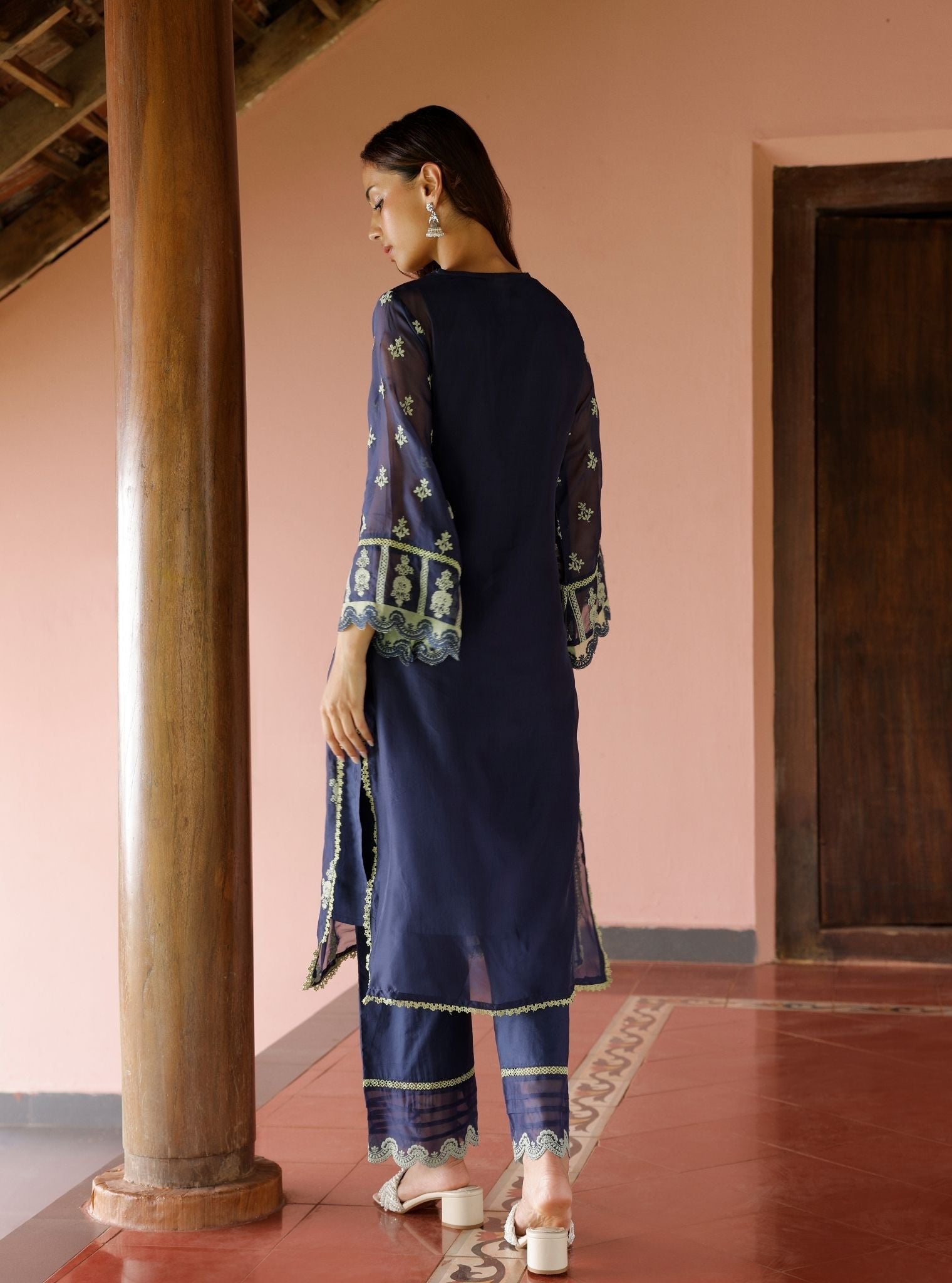 Mulmul Organza Nain Navy Kurta With Mulmul Cotton Nain Navy Pant