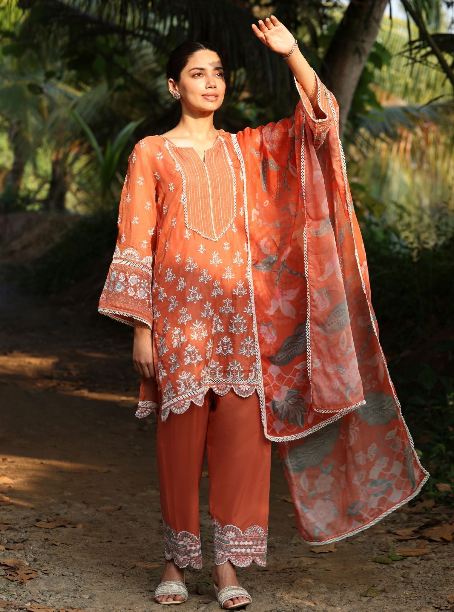 Mulmul Organza Shail Teracotta Kurta With Mulmul Cotton Shail Teracotta Pant