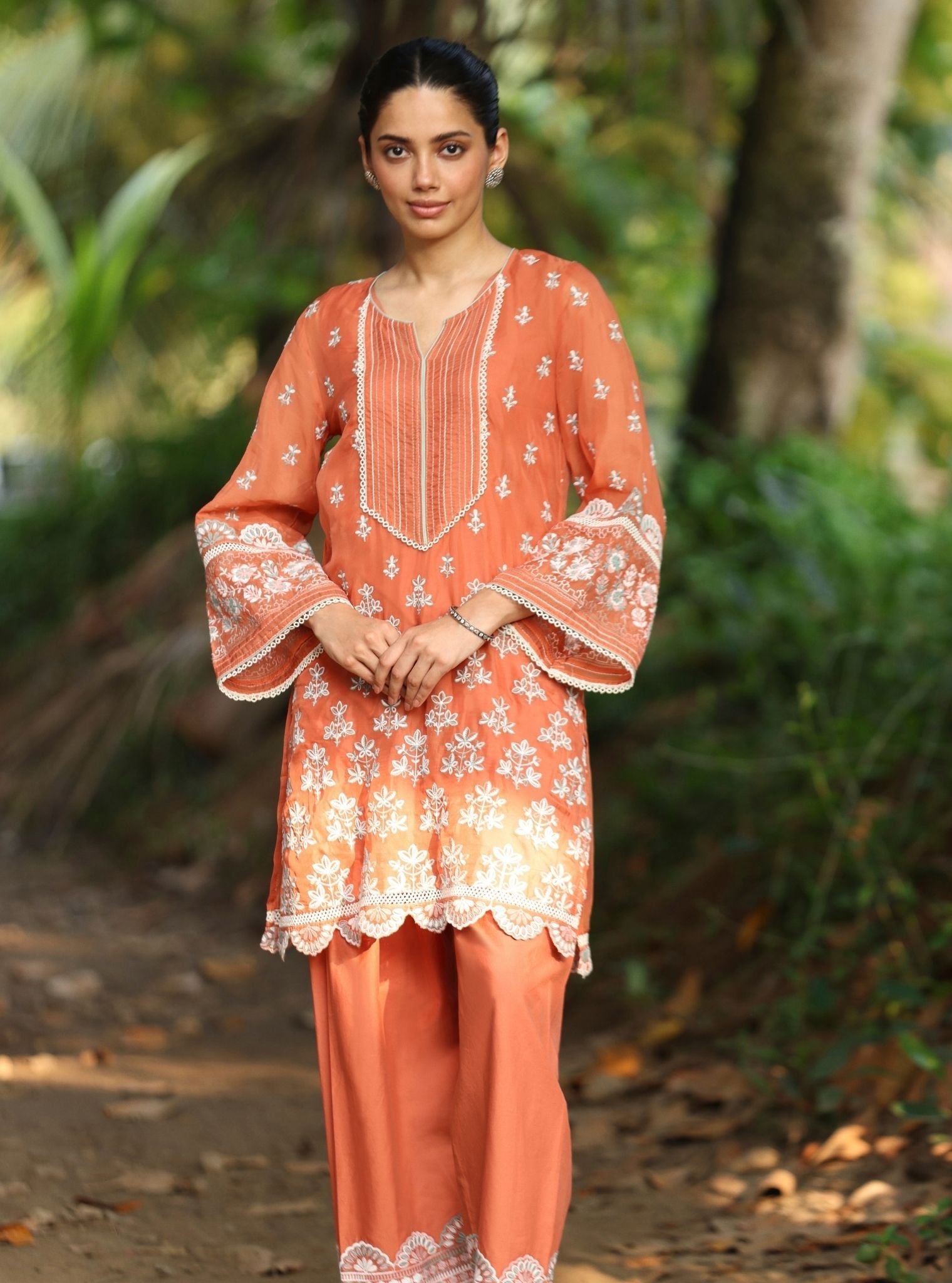 Mulmul Organza Shail Teracotta Kurta With Mulmul Cotton Shail Teracotta Pant