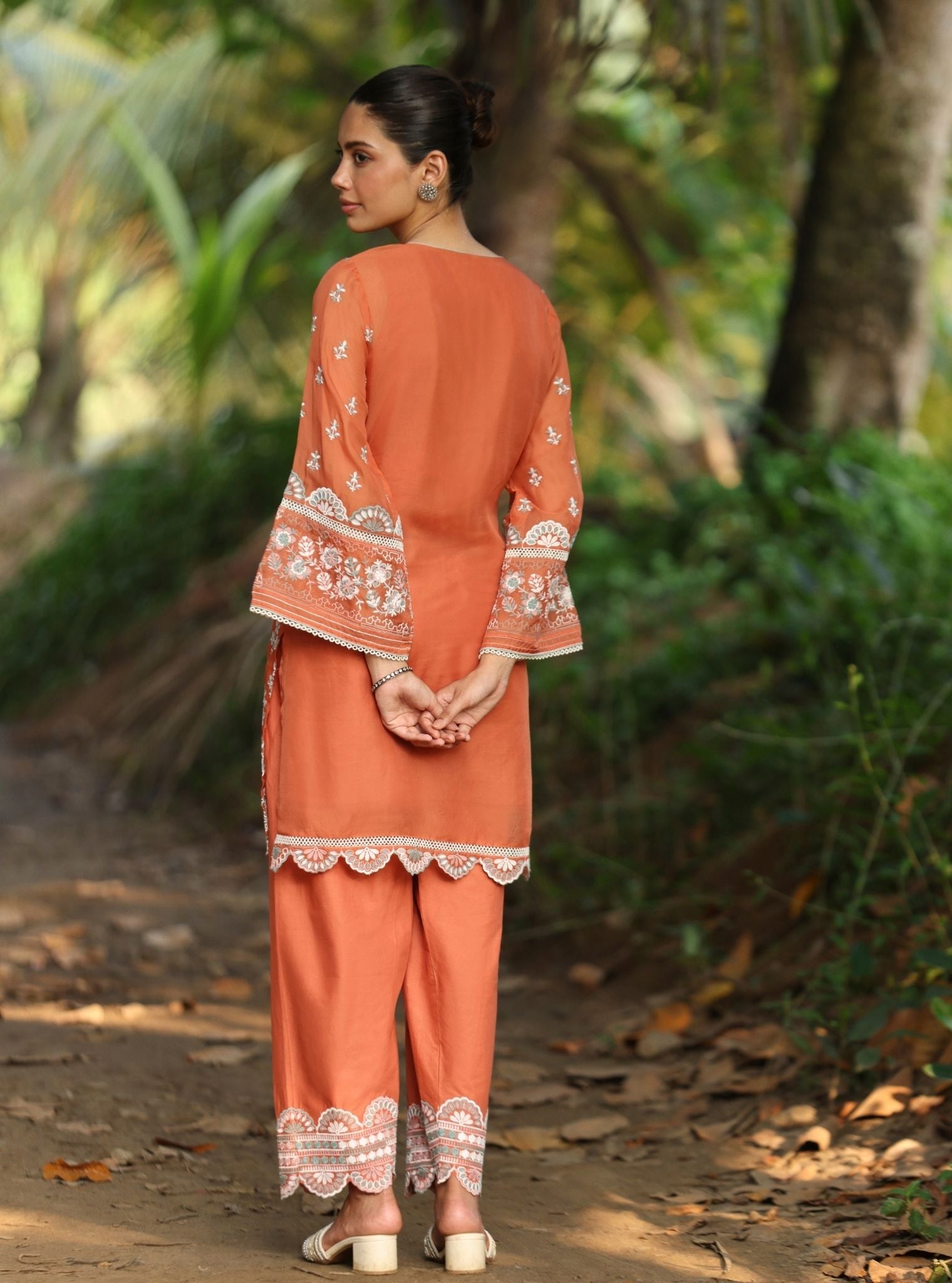 Mulmul Organza Shail Teracotta Kurta With Mulmul Cotton Shail Teracotta Pant