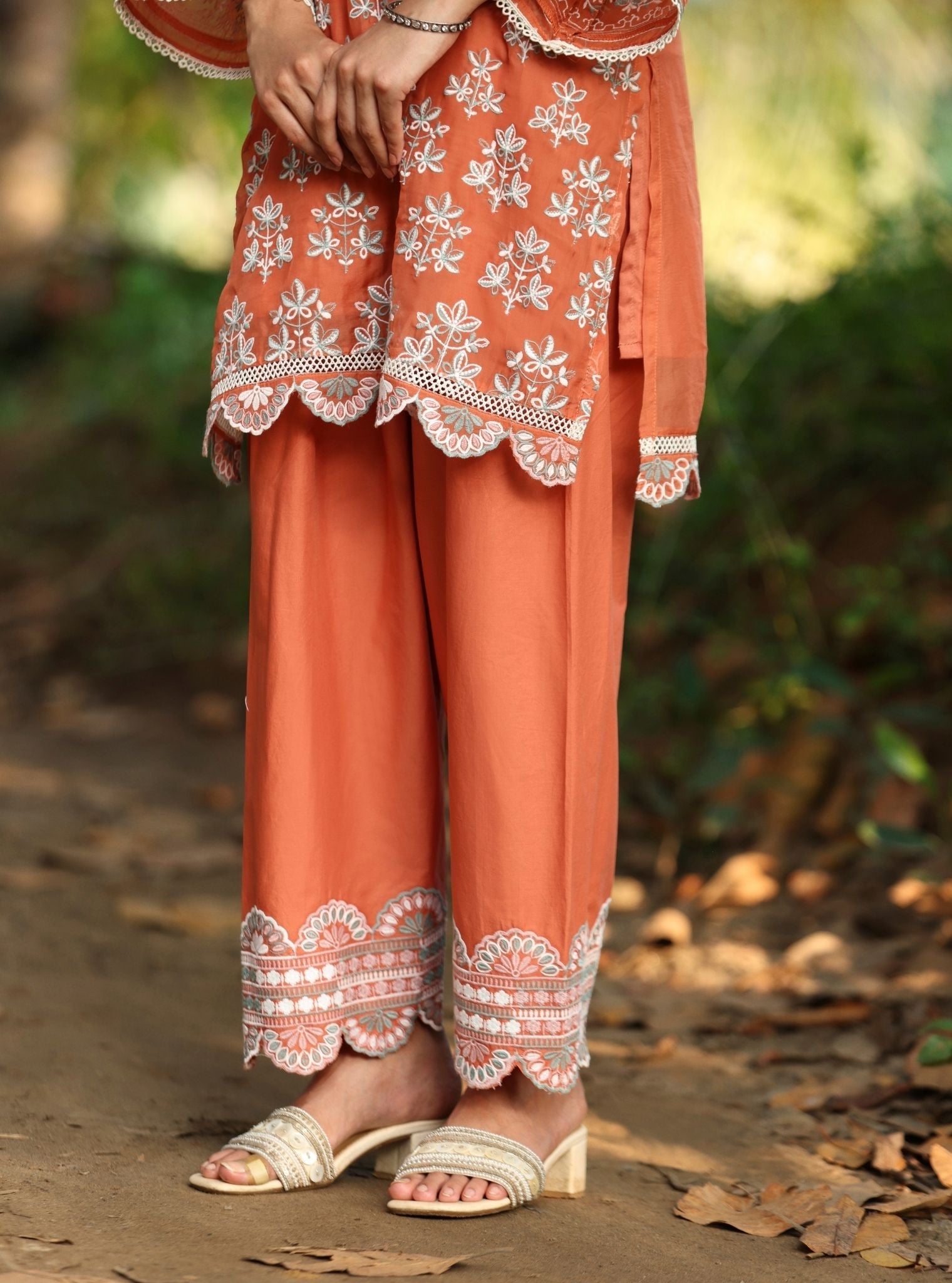 Mulmul Organza Shail Teracotta Kurta With Mulmul Cotton Shail Teracotta Pant