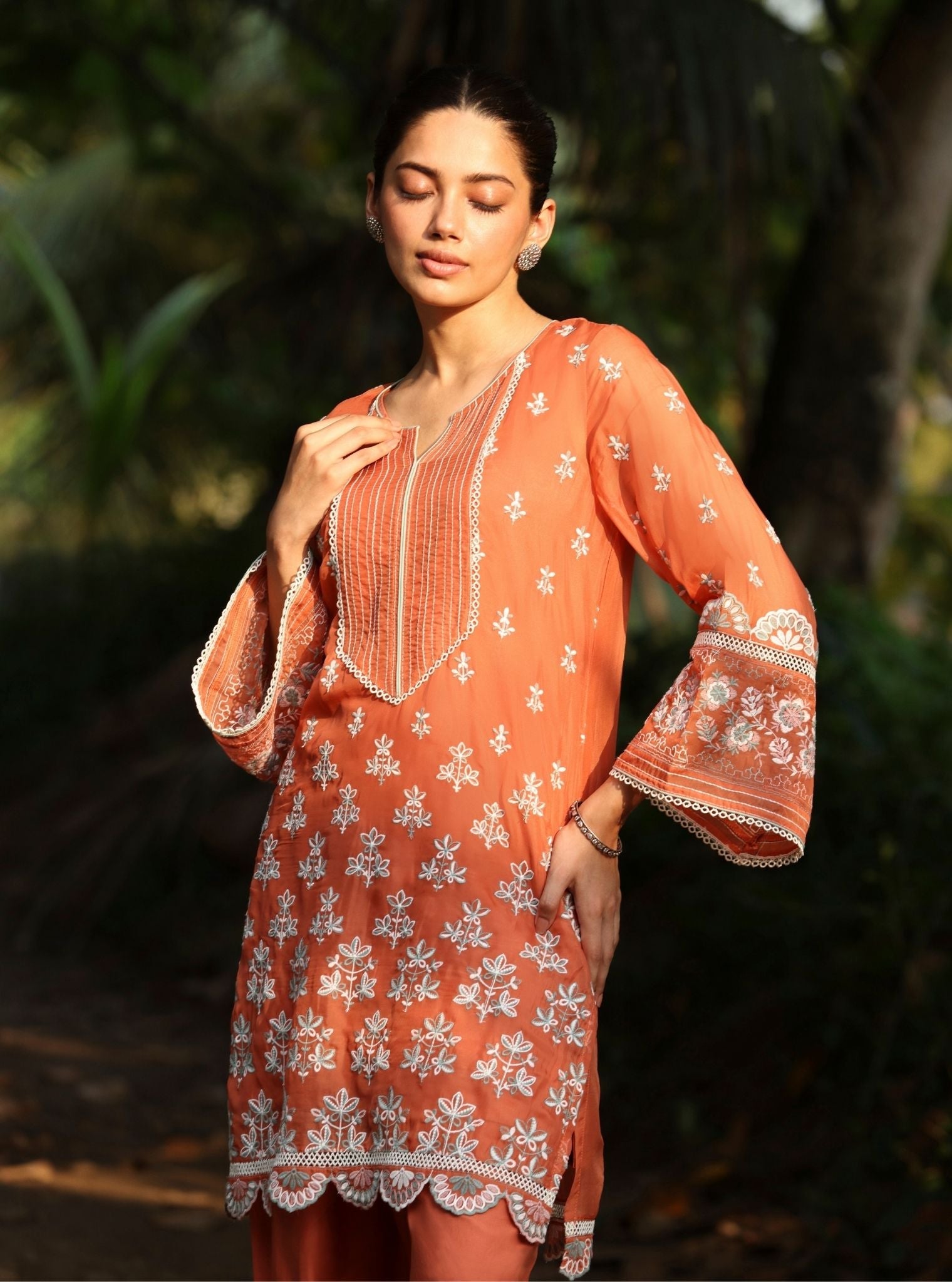 Mulmul Organza Shail Teracotta Kurta With Mulmul Cotton Shail Teracotta Pant