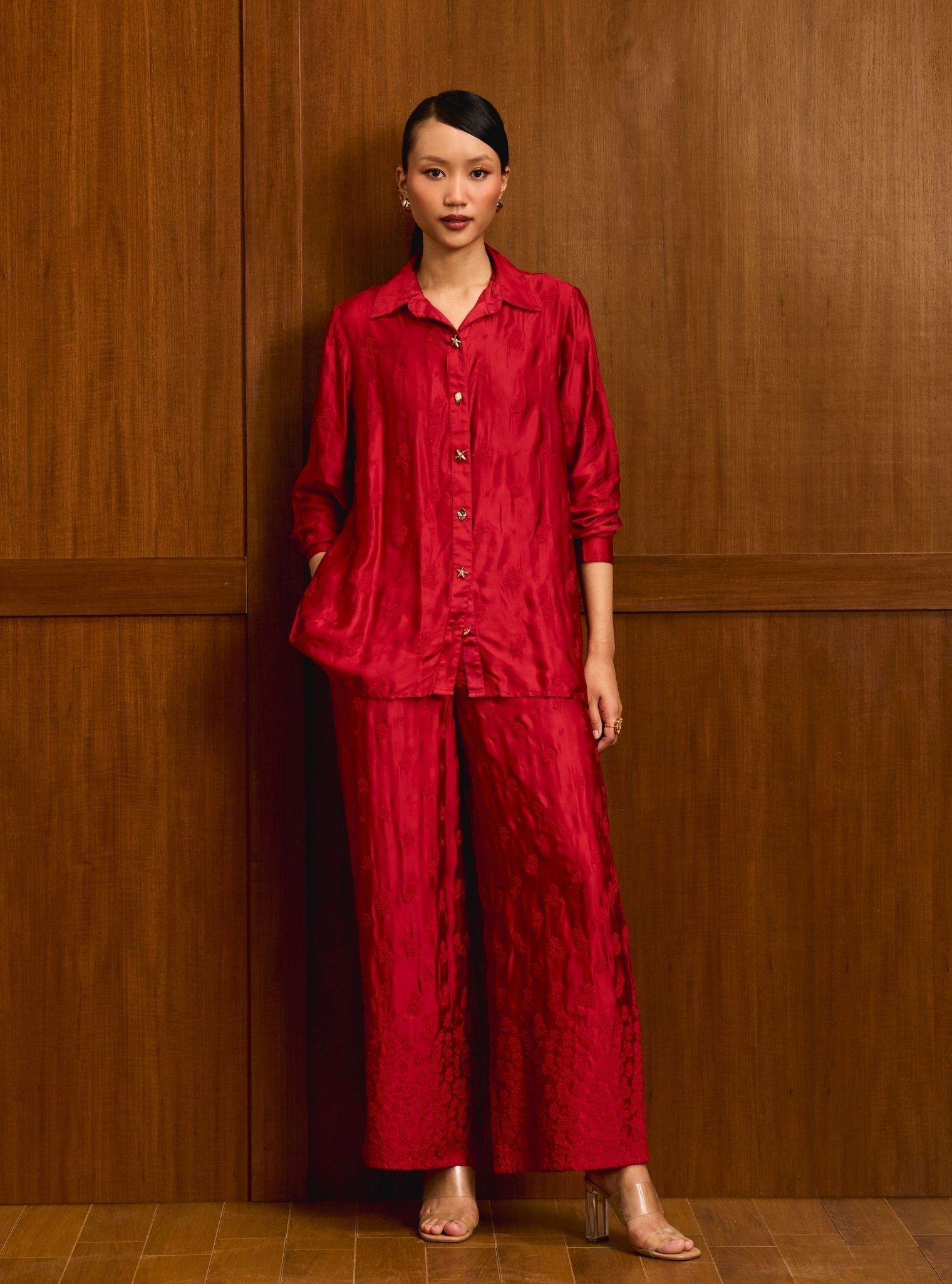 Santree Cupro Satin Red Shirt Set