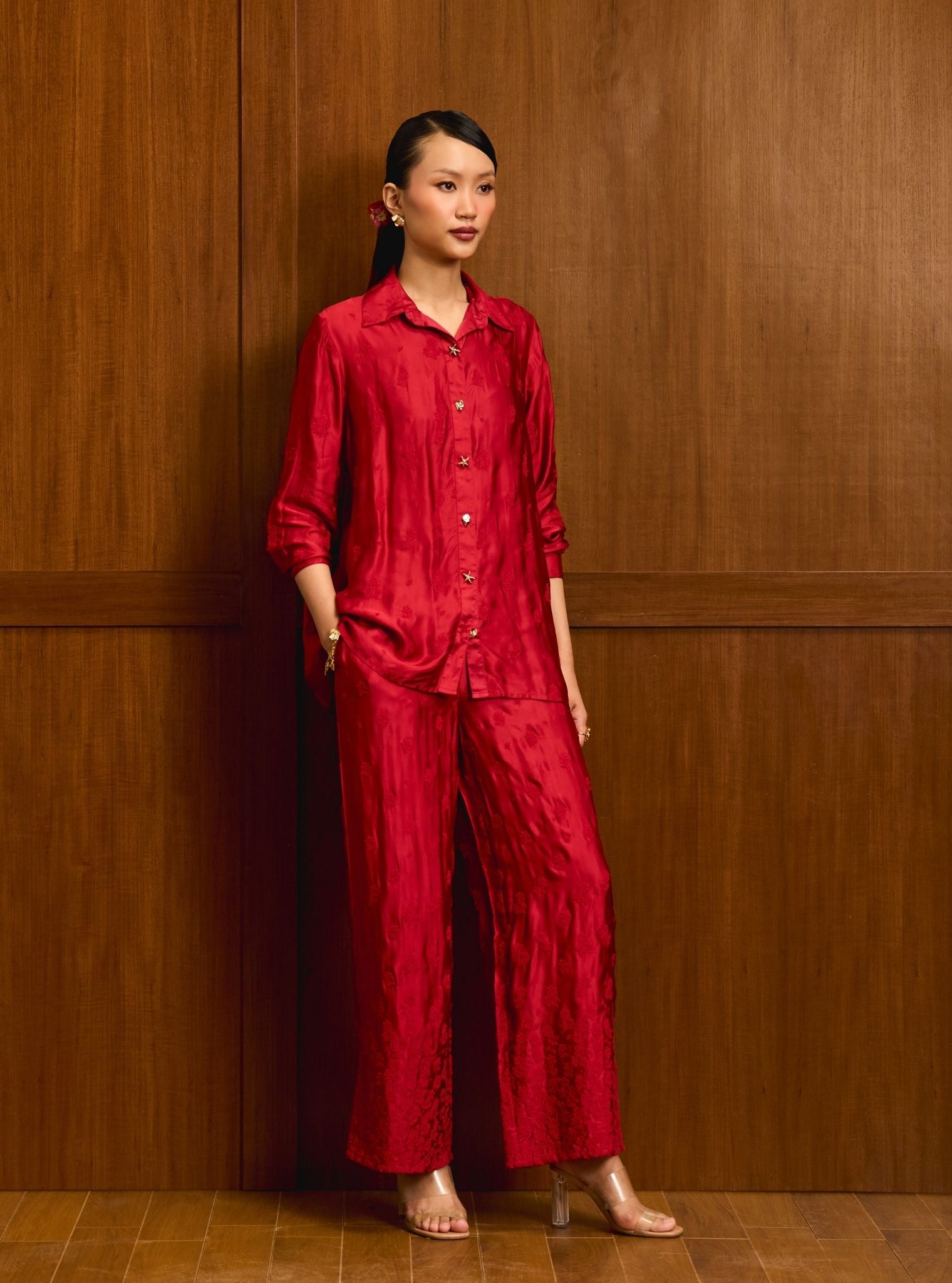 Santree Cupro Satin Red Shirt Set