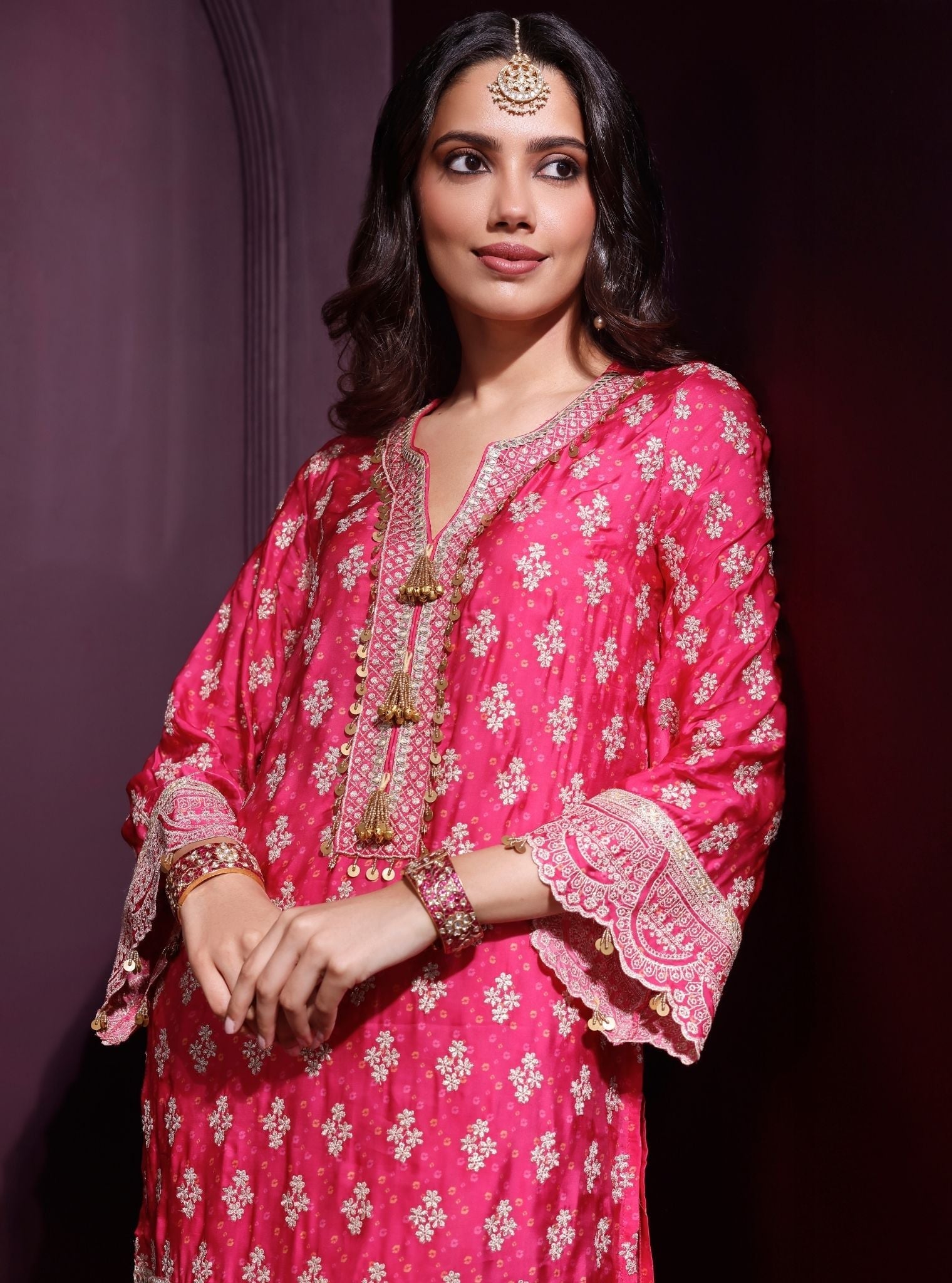 Elira Cupro Satin Fuschia Kurta With Farshi Salwar