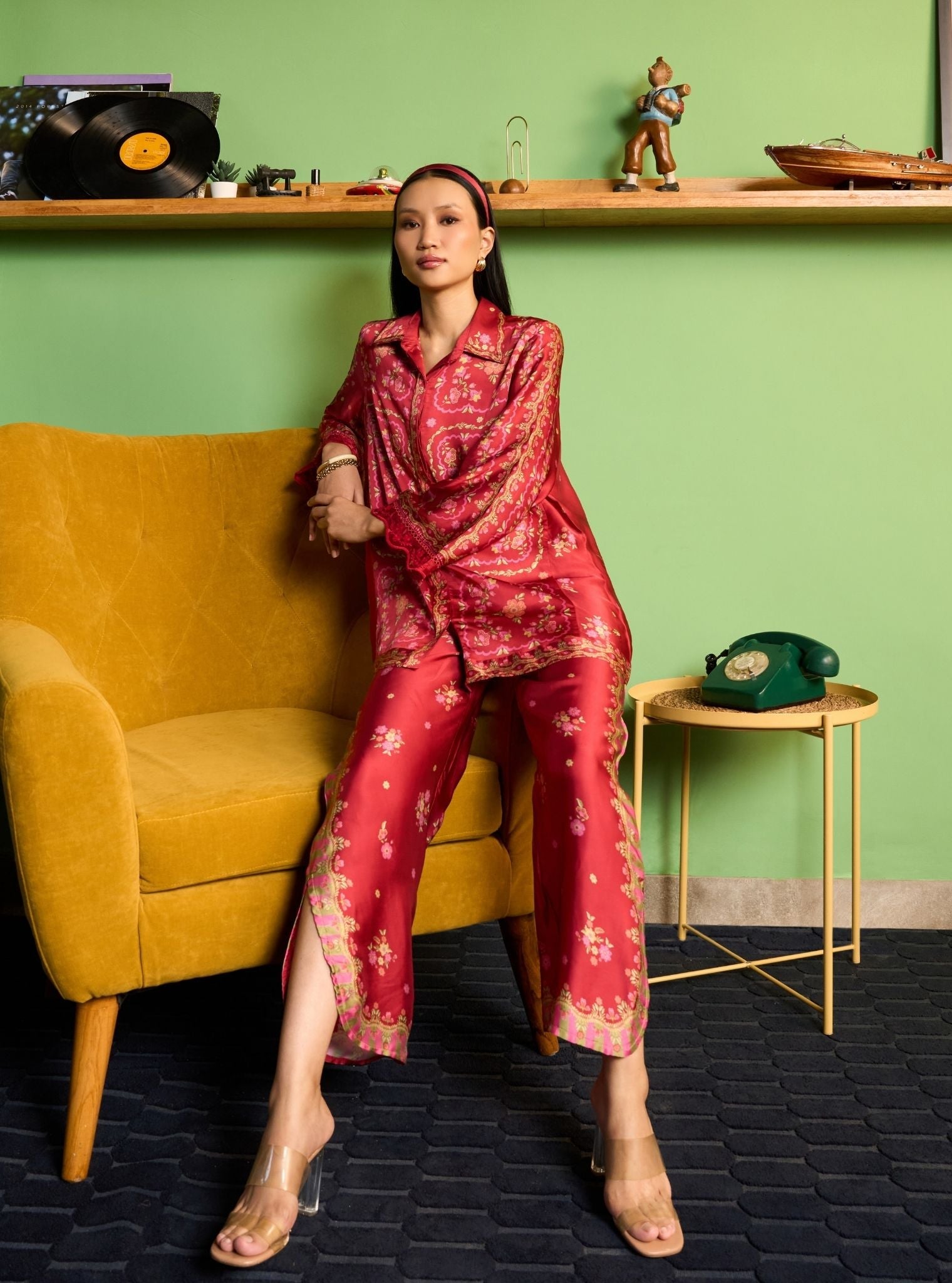 Akhzari Cupro Satin Red Printed Shirt Set