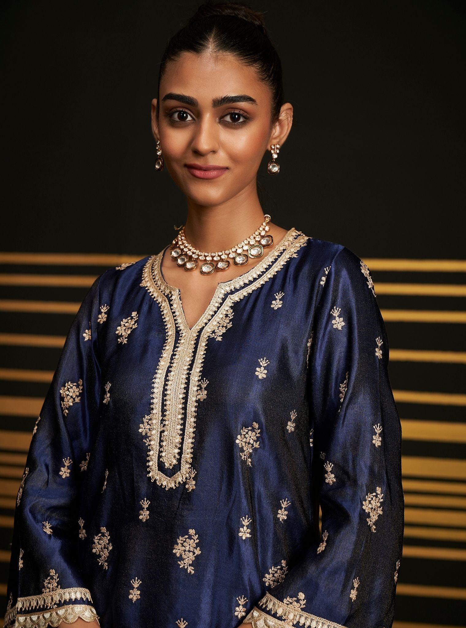 Vaari Luxe Tissue Satin Navy Kurta Set