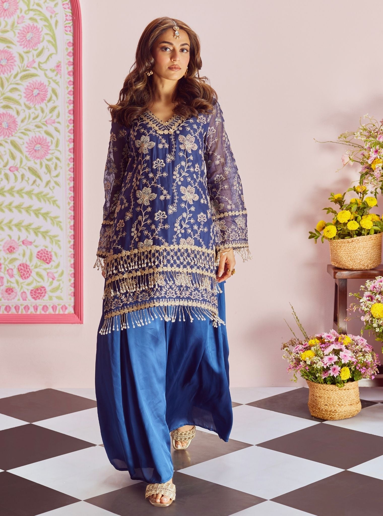 Mulmul Organza Raag Navy Kurta With Mulmul Cupro Satin Raag Navy Sharara
