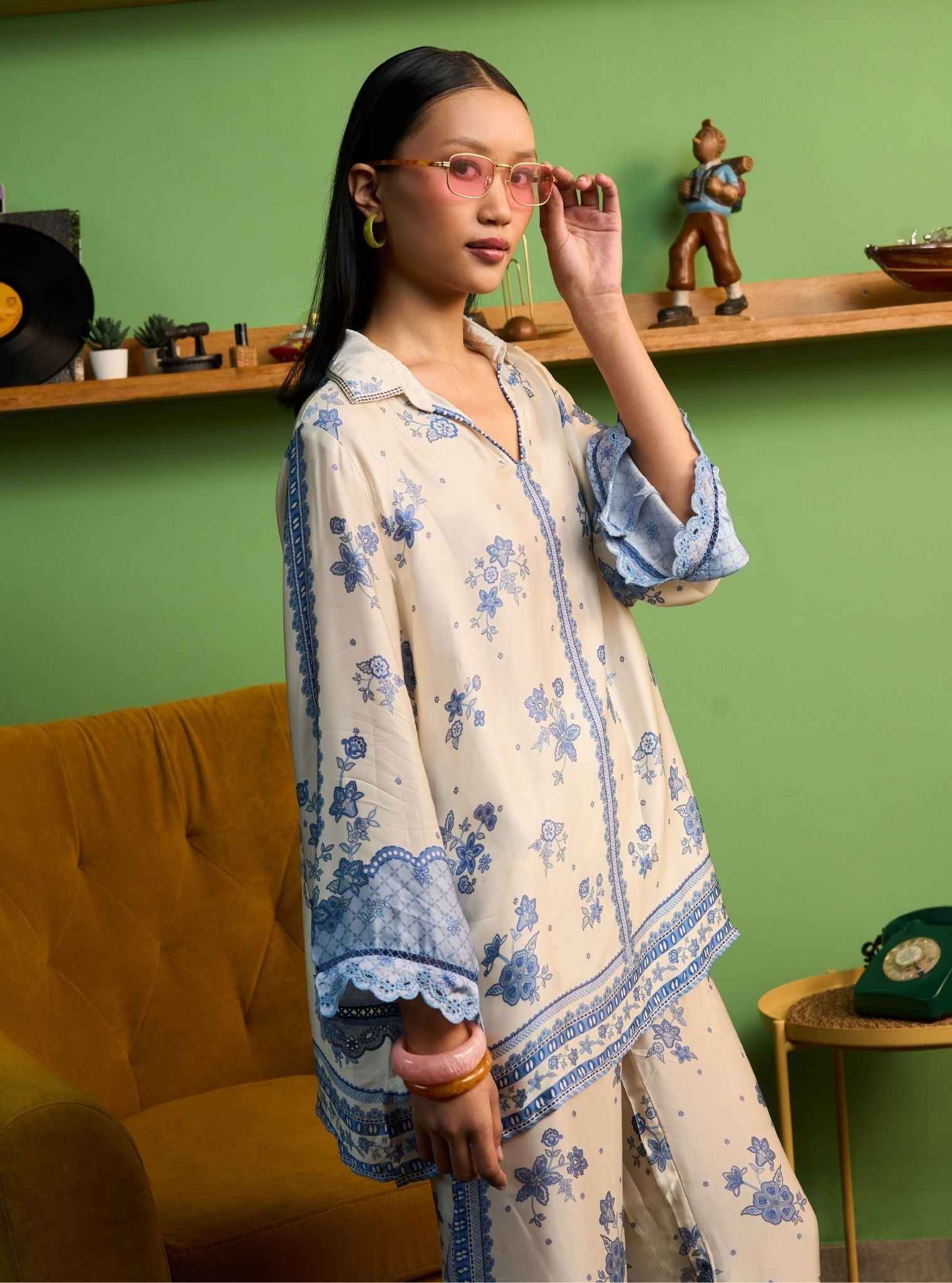 Mehrang Cupro Satin Off White Printed Shirt Set