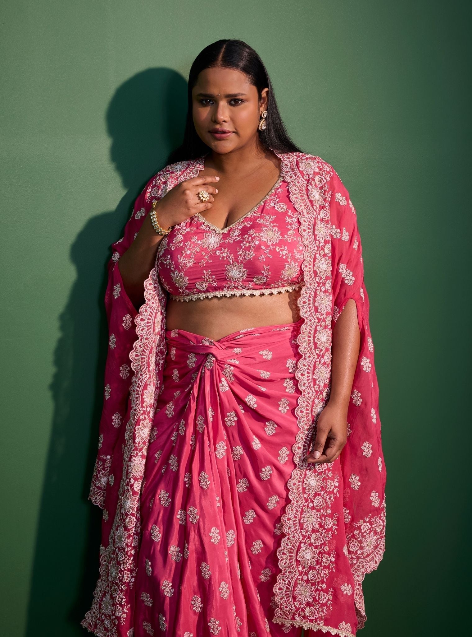 Maya Organza Fuschia Cape Shrug With Skirt