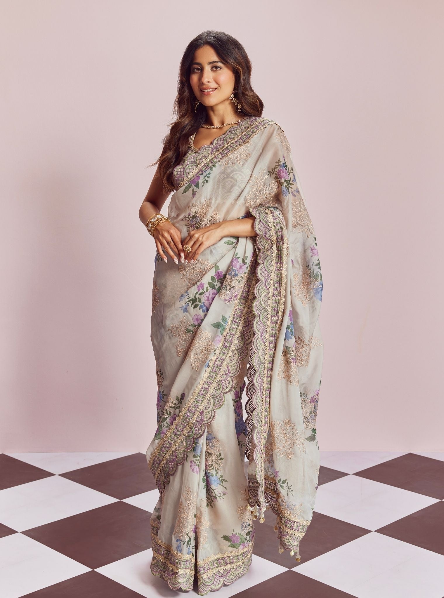 Swar Organza Printed White Saree