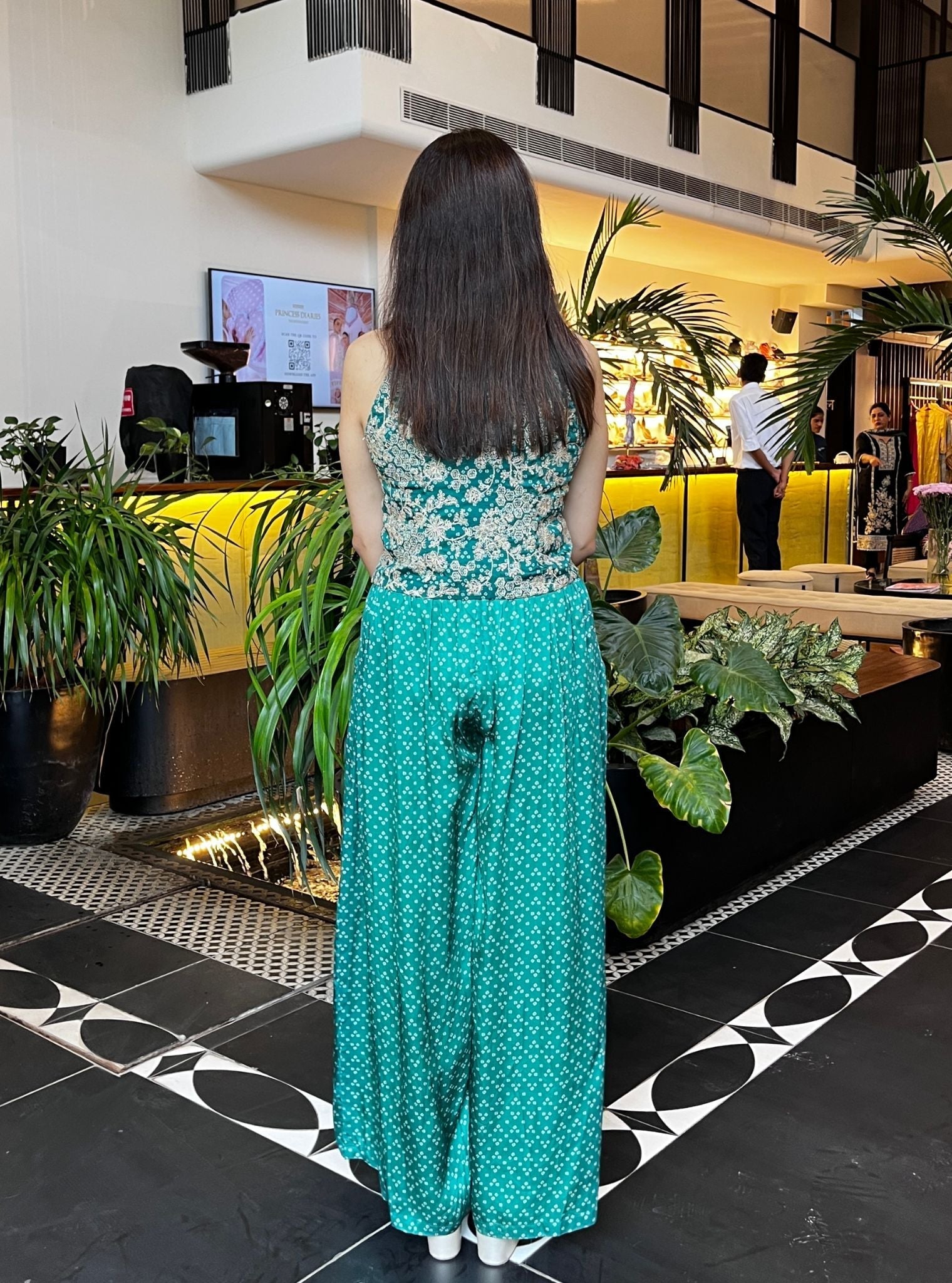 Kuhu Cupro Satin Printed Emerald Green Waistcoat With Wide Pleated Pant