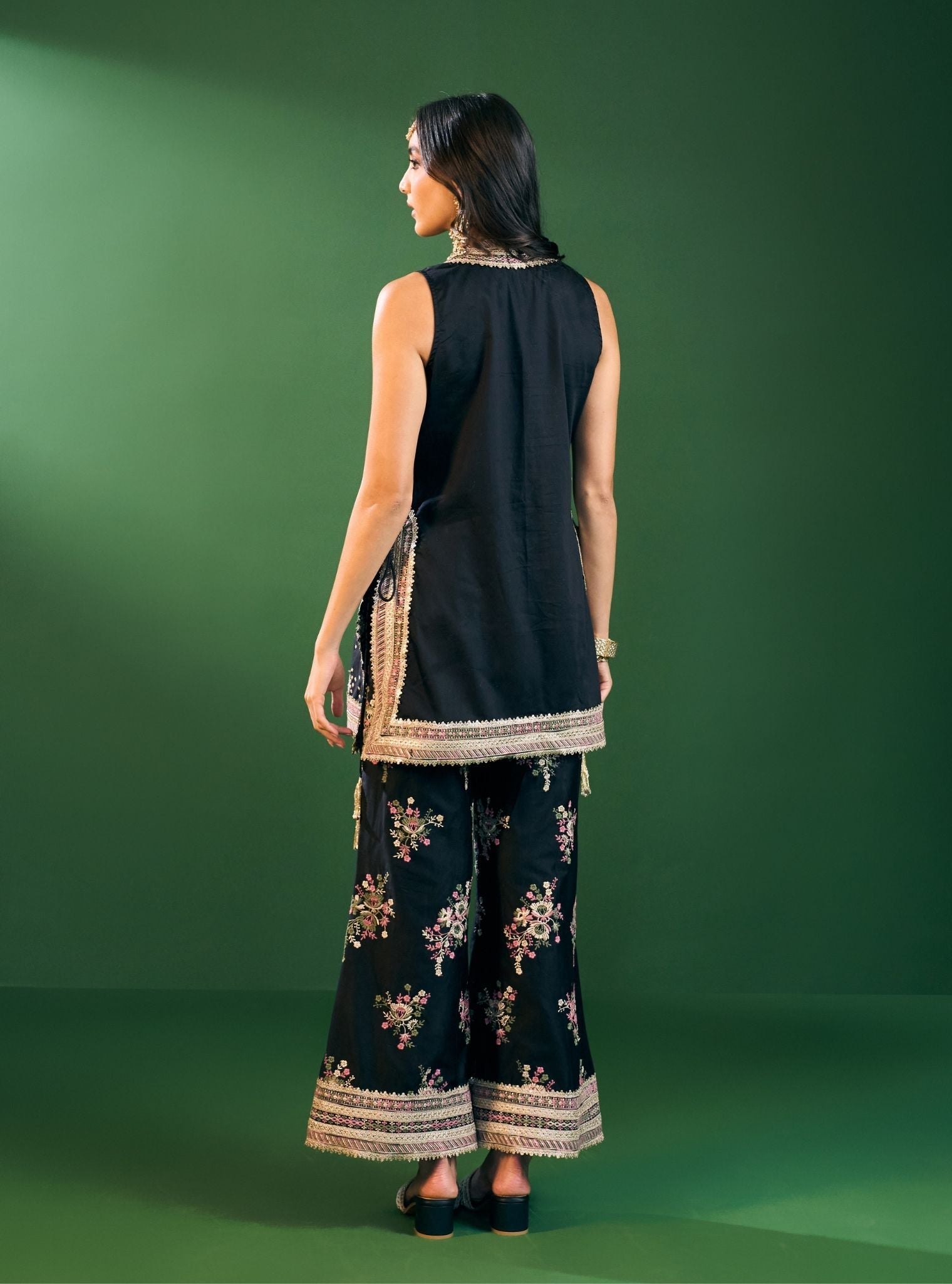 Lami Pima Satin Black Kurta With Flared Bell-Bottom Pants