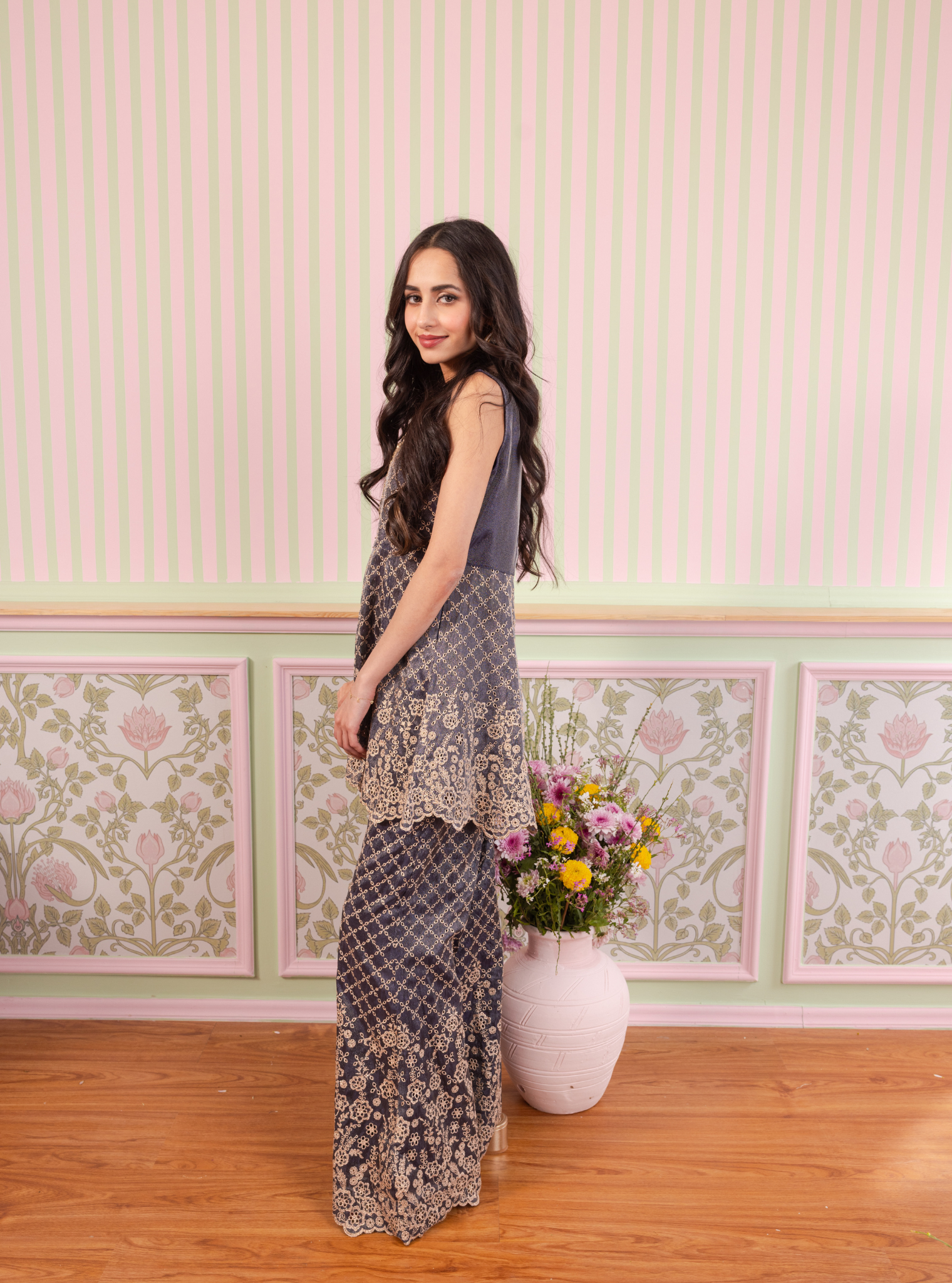 Mulmul Royal Tissue Araj Navy Top With Mulmul Royal Tissue Araj Navy Pant