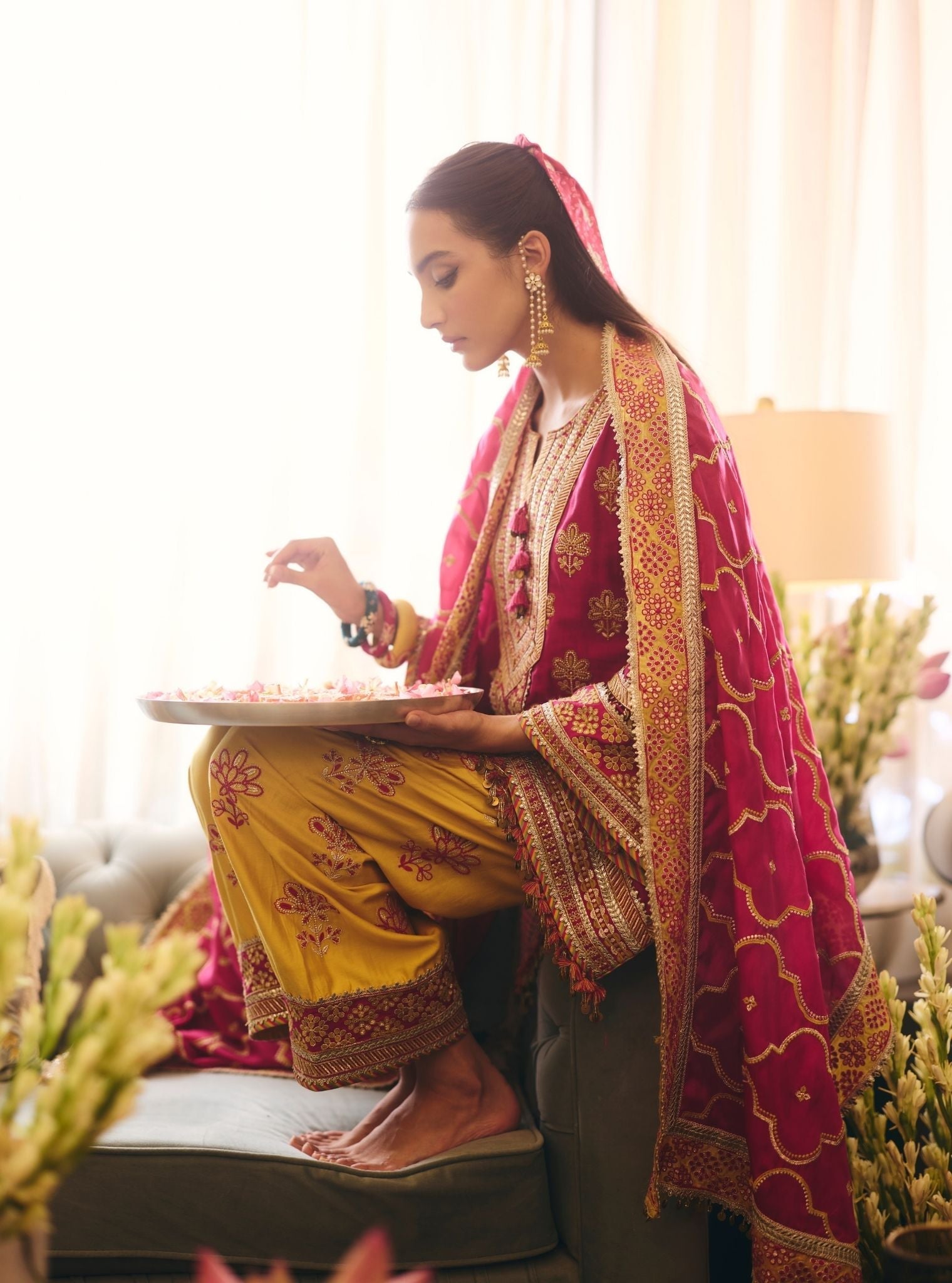 Lani Pima Satin Fuchsia Kurta With Mustard Pant