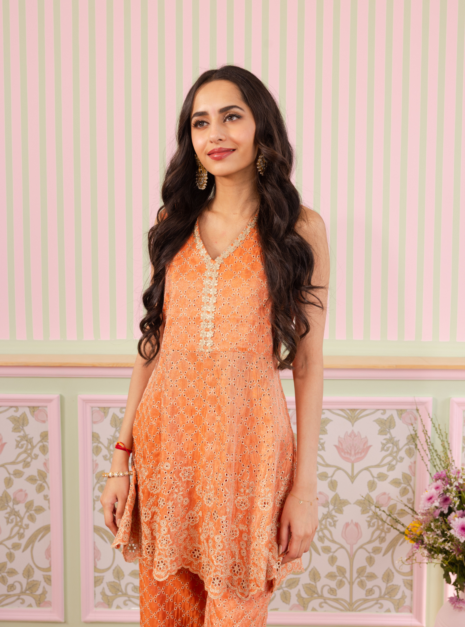 Mulmul Royal Tissue Araj Burnt Orange Top With Mulmul Royal Tissue Araj Burnt Orange Pant