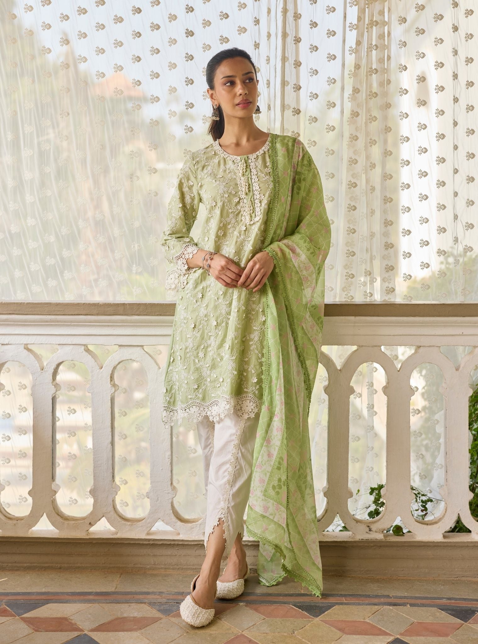 BayBreeze Supima Cotton Green Kurta with Aelira White Dhoti Pant Set
