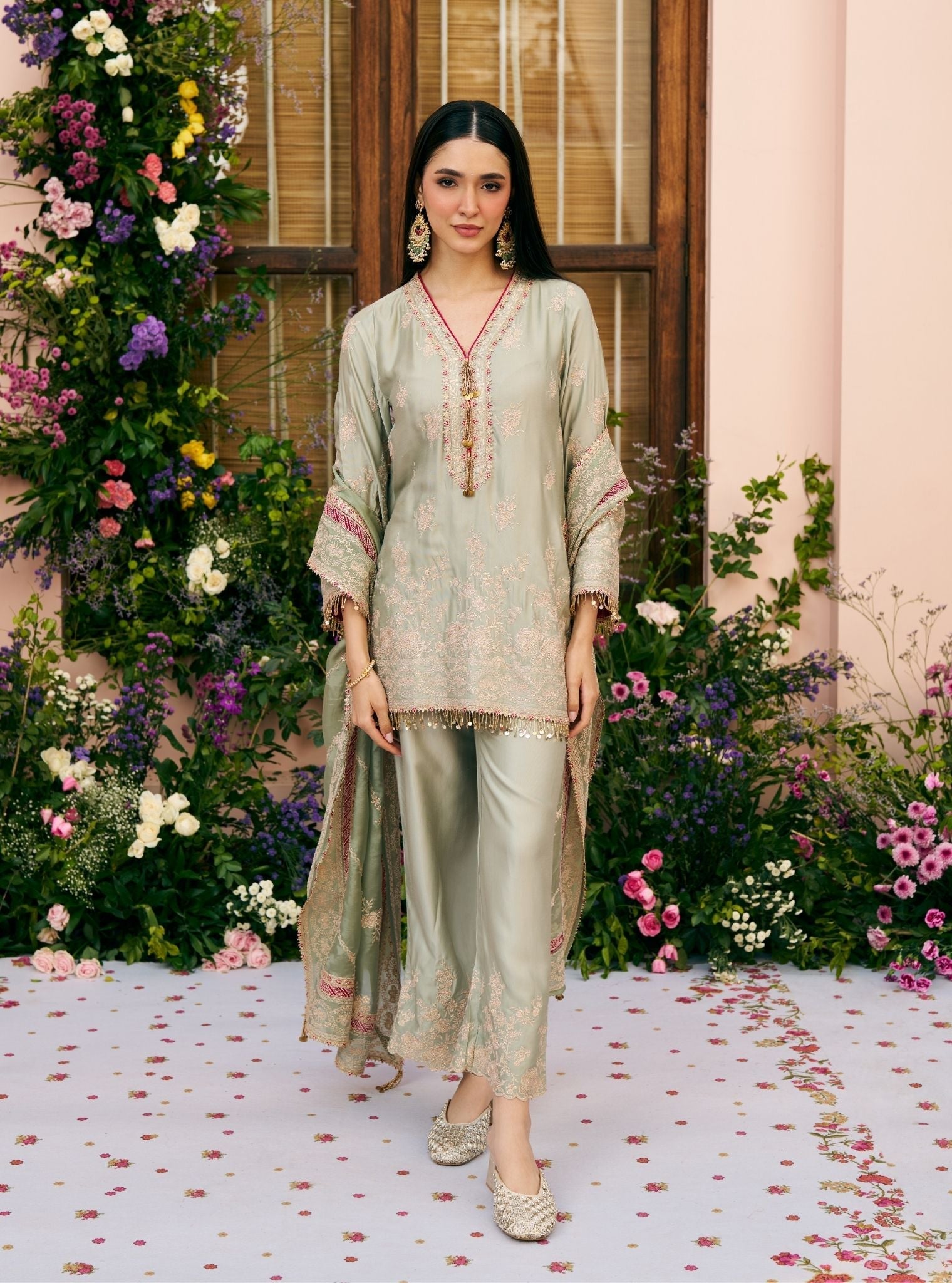 Saaj Cupro Satin Sage Green Kurta Set