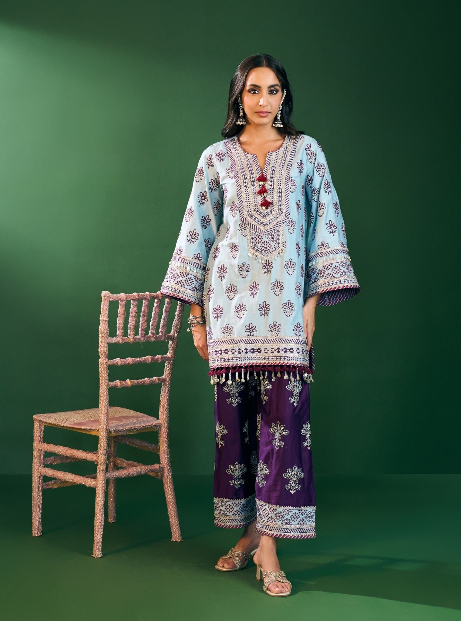 Lani Pima Satin Sky Blue Kurta With Farshi Salwar