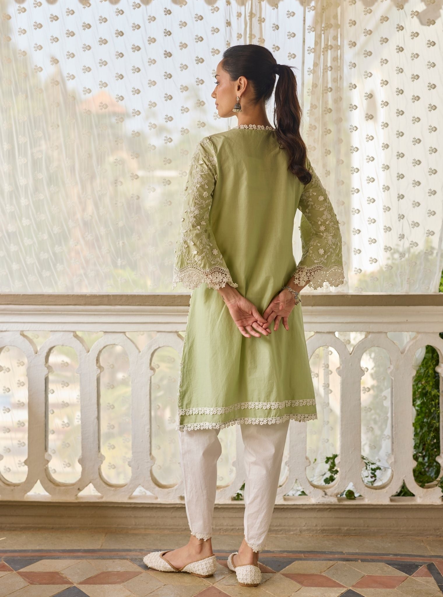 BayBreeze Supima Cotton Green Kurta with Aelira White Dhoti Pant Set