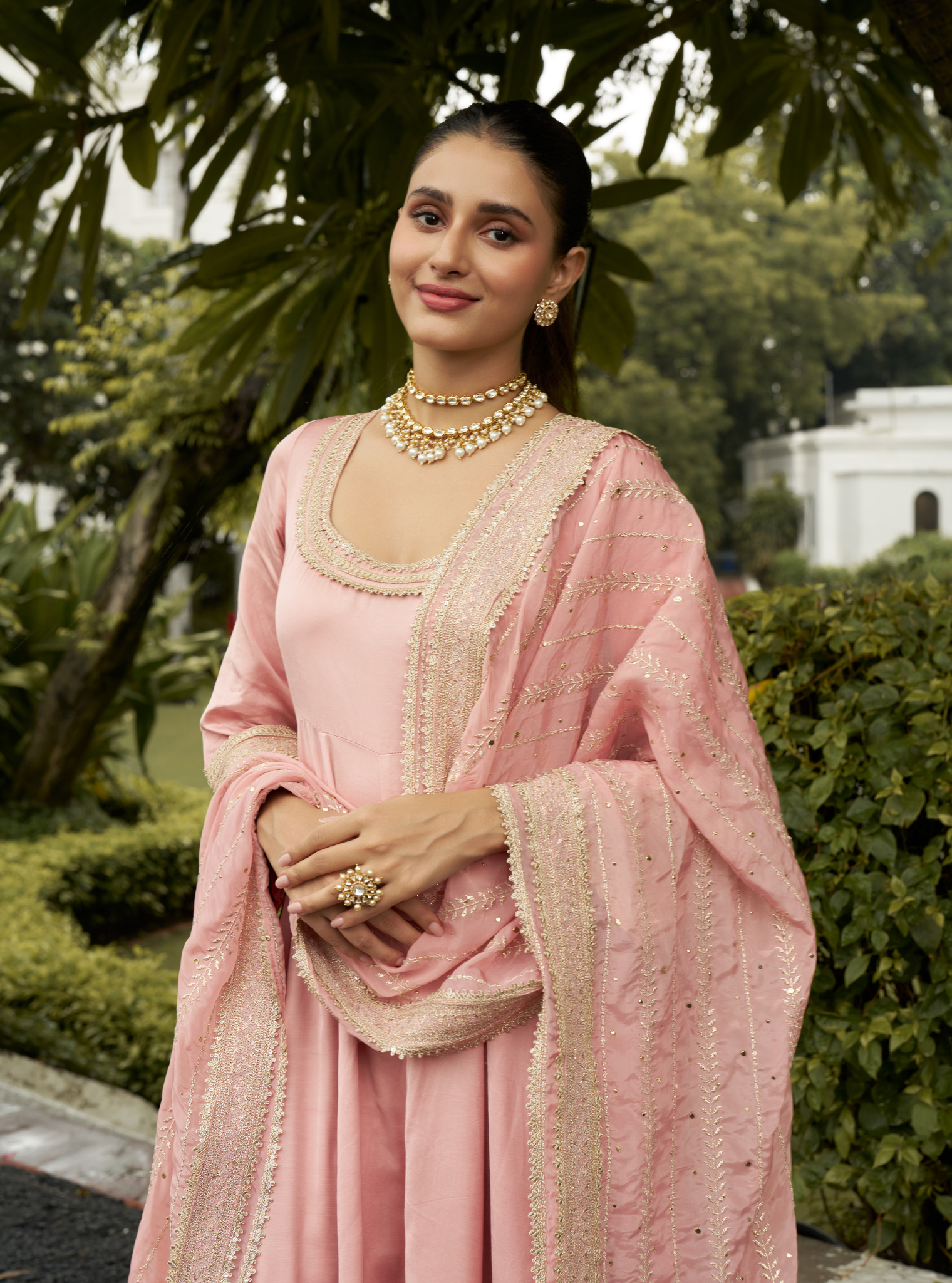 Mausami Pink Linen Satin Anarkali Kurta Set