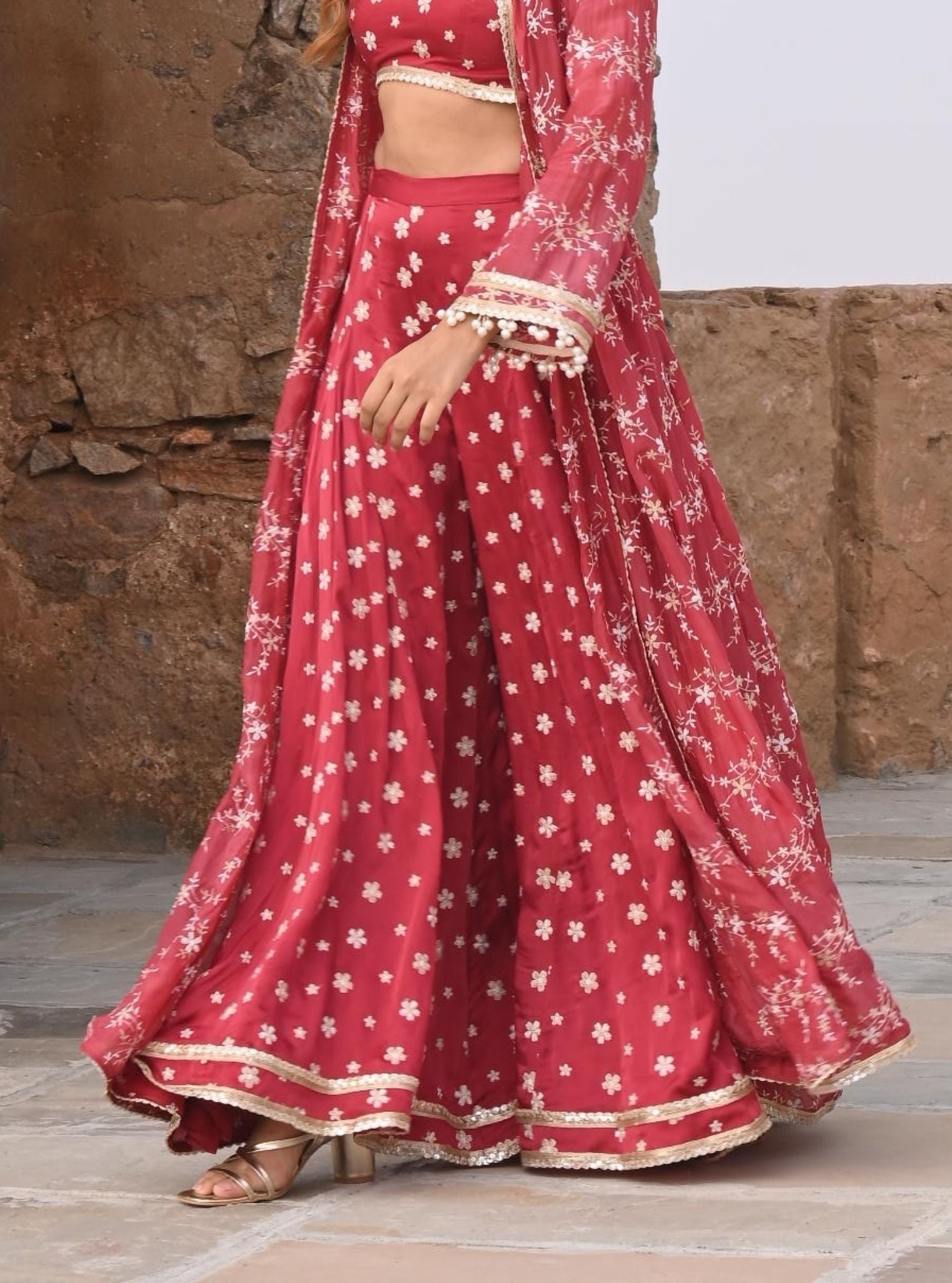 Nazm Luxe Silk Red Jacket with Sharara Set