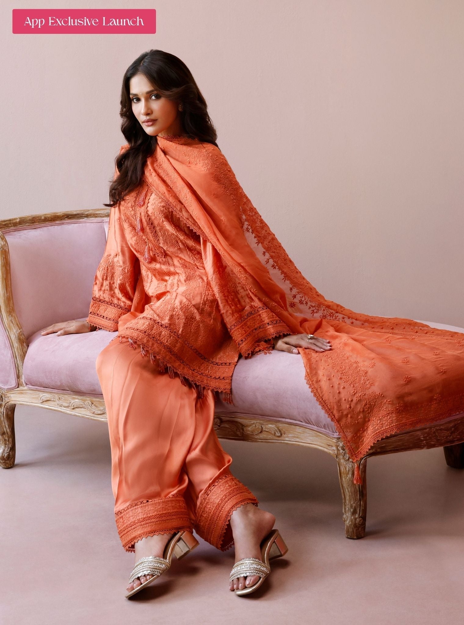 Zuri Cupro Satin Orange Kurta With Farshi Salwar