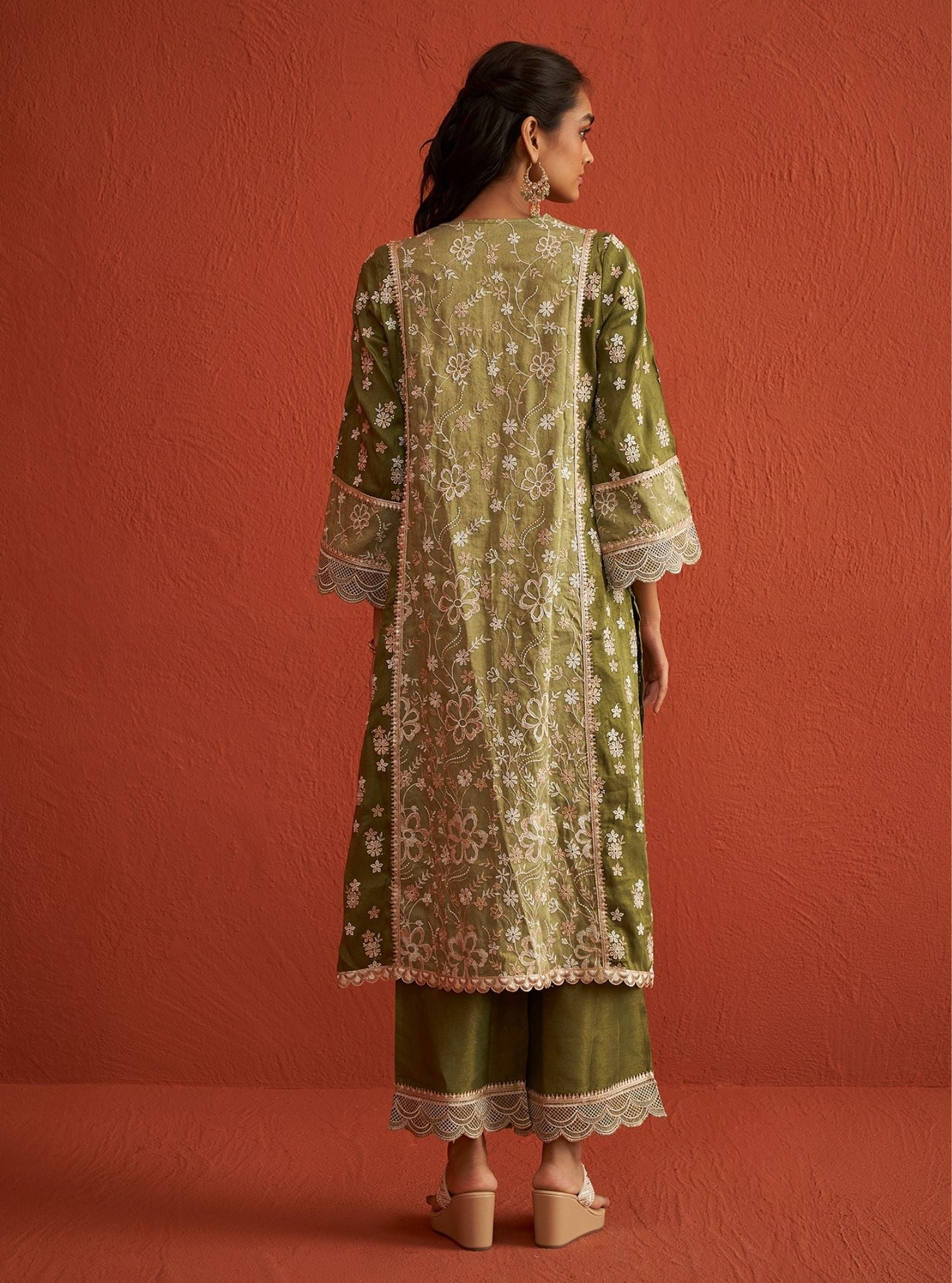 Sadke Tissue Linen Satin Sage Green Kurta Set