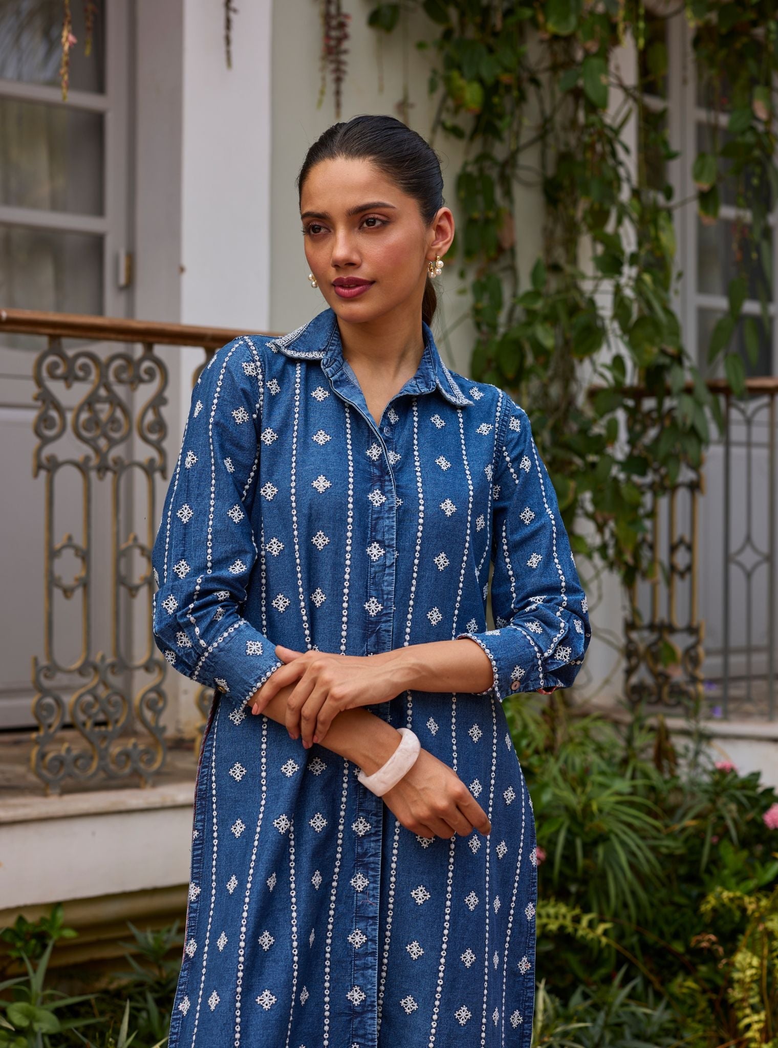 Veena Denim Long Shirt Set