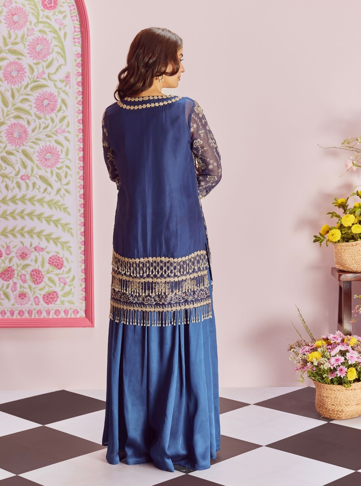 Mulmul Organza Raag Navy Kurta With Mulmul Cupro Satin Raag Navy Sharara