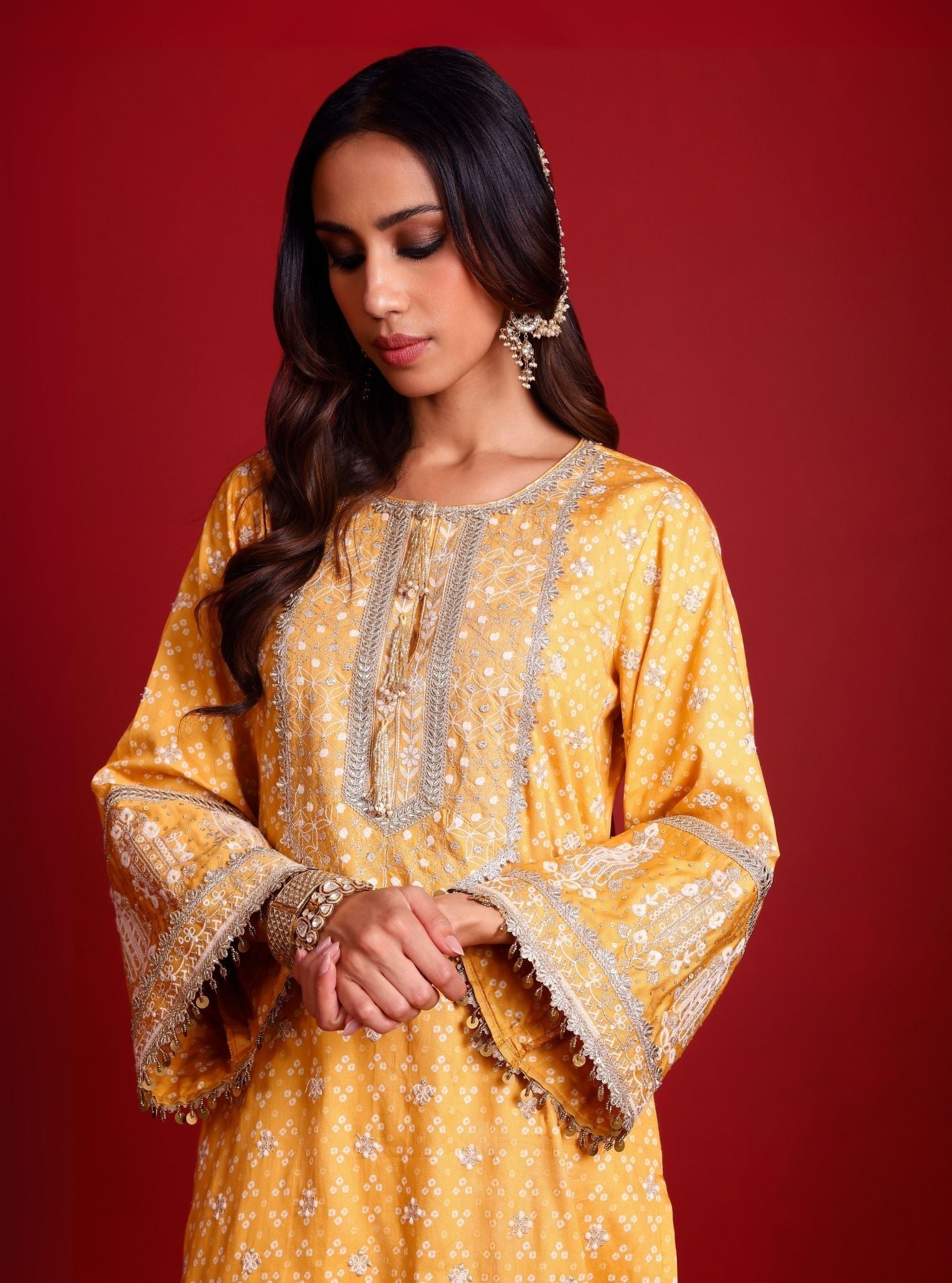 Lari Pima Satin Printed Mustard Kurta Set