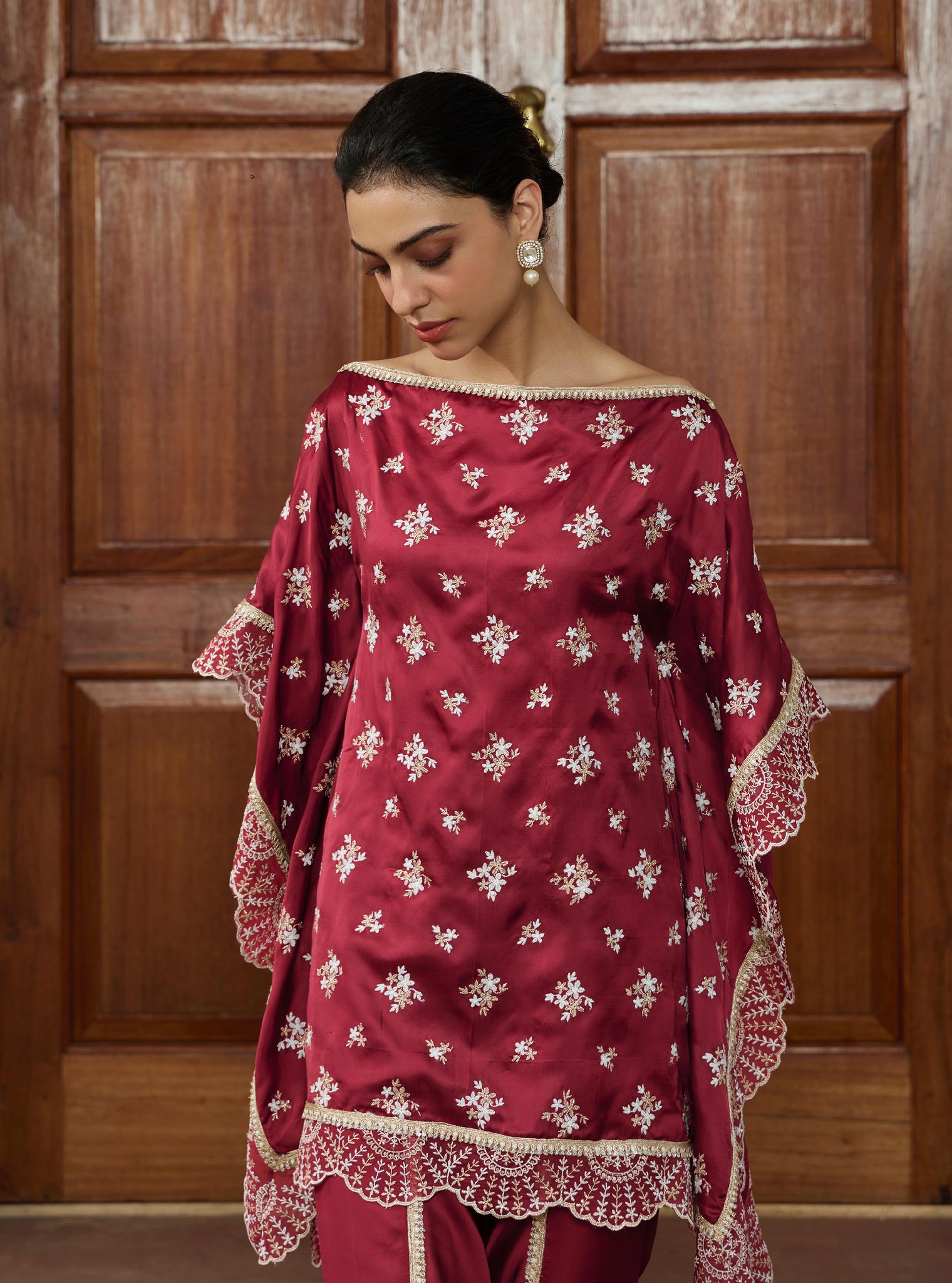 Kasuni Cupro Wine Kaftan with Dhoti Pant Set
