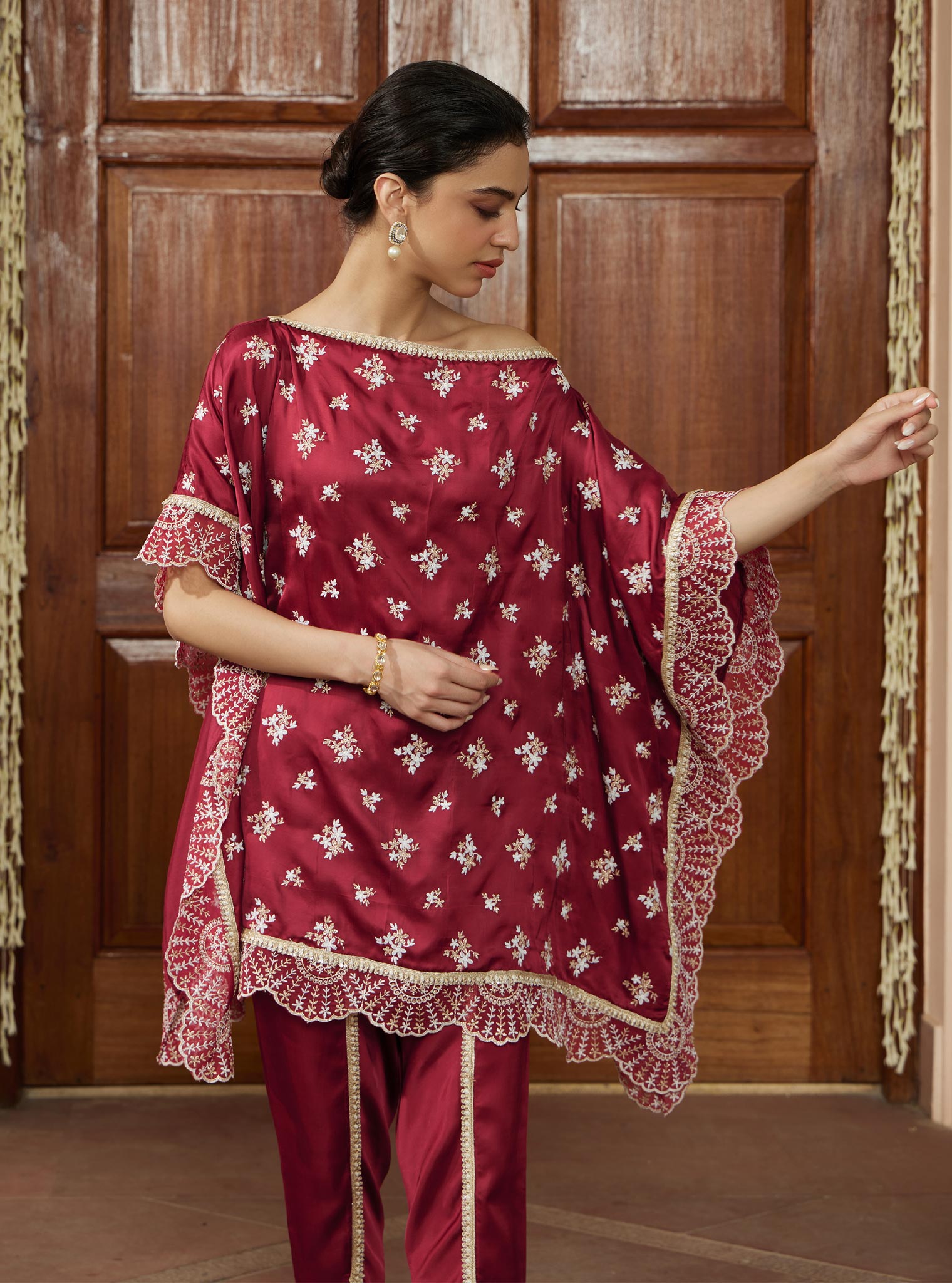 Kasuni Cupro Wine Kaftan with Dhoti Pant Set