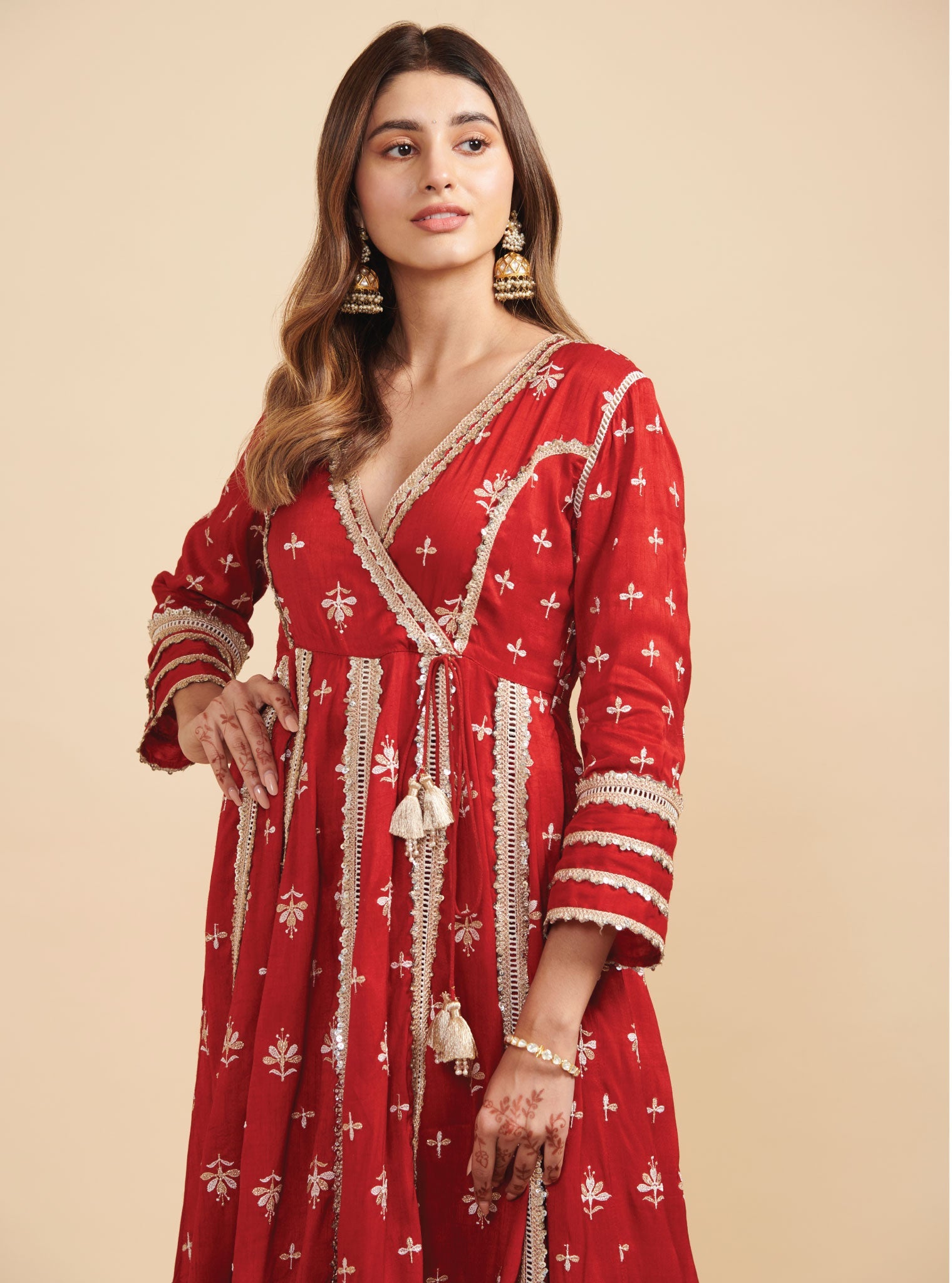 Mulmul Silk Khanak Anarkali Red Kurta With Mulmul Silk Khanak Red Pant