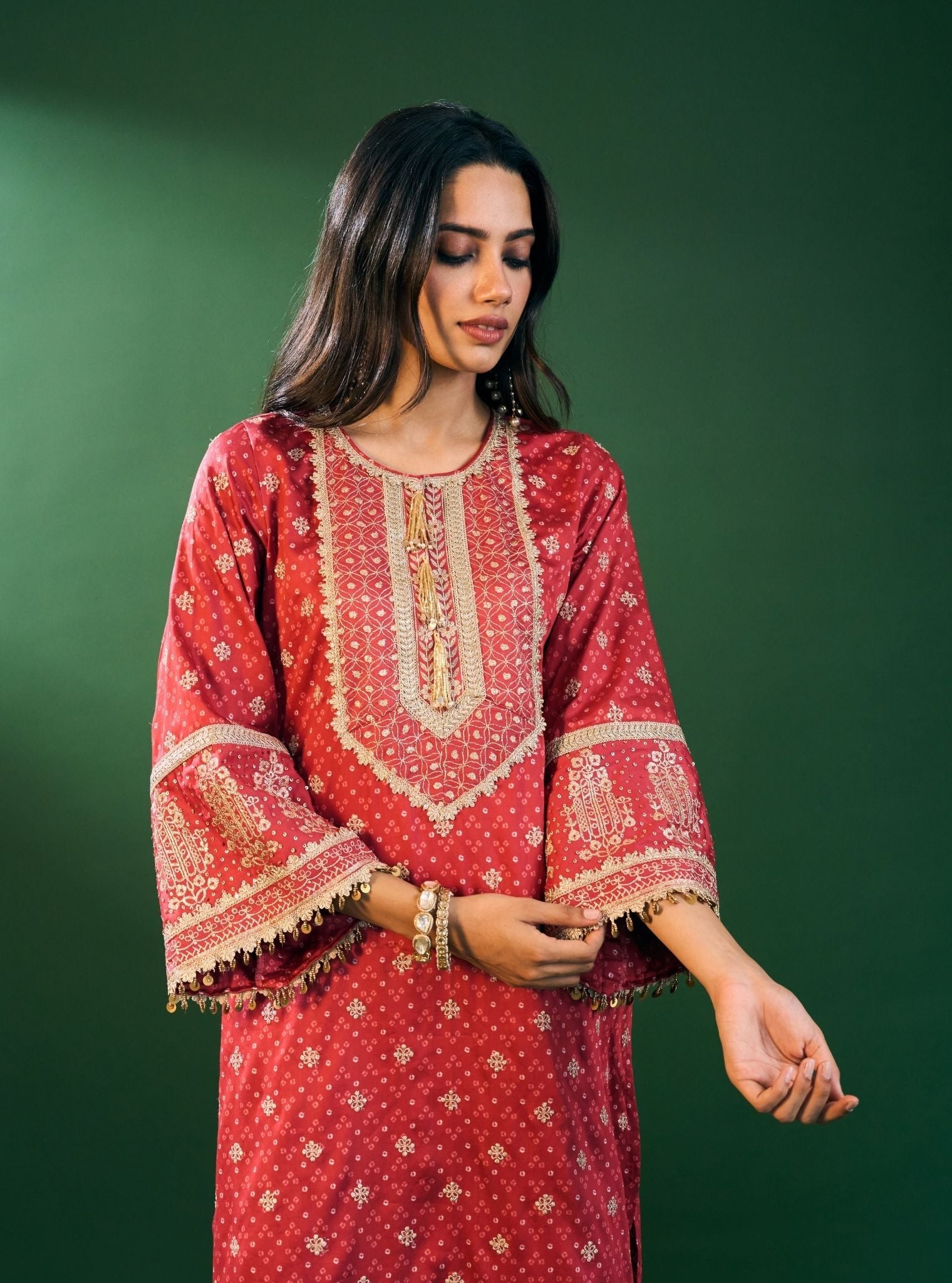 Lari Pima Satin Printed Red Kurta Set