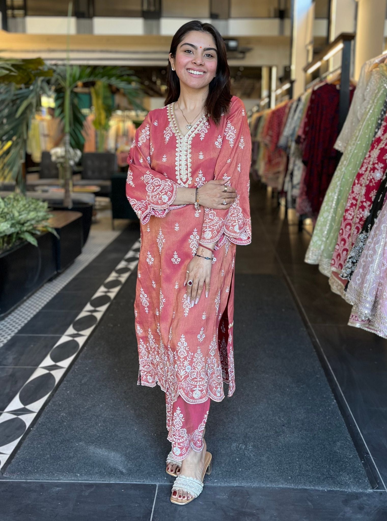 Emon Tissue Linen Satin Red Kurta Set