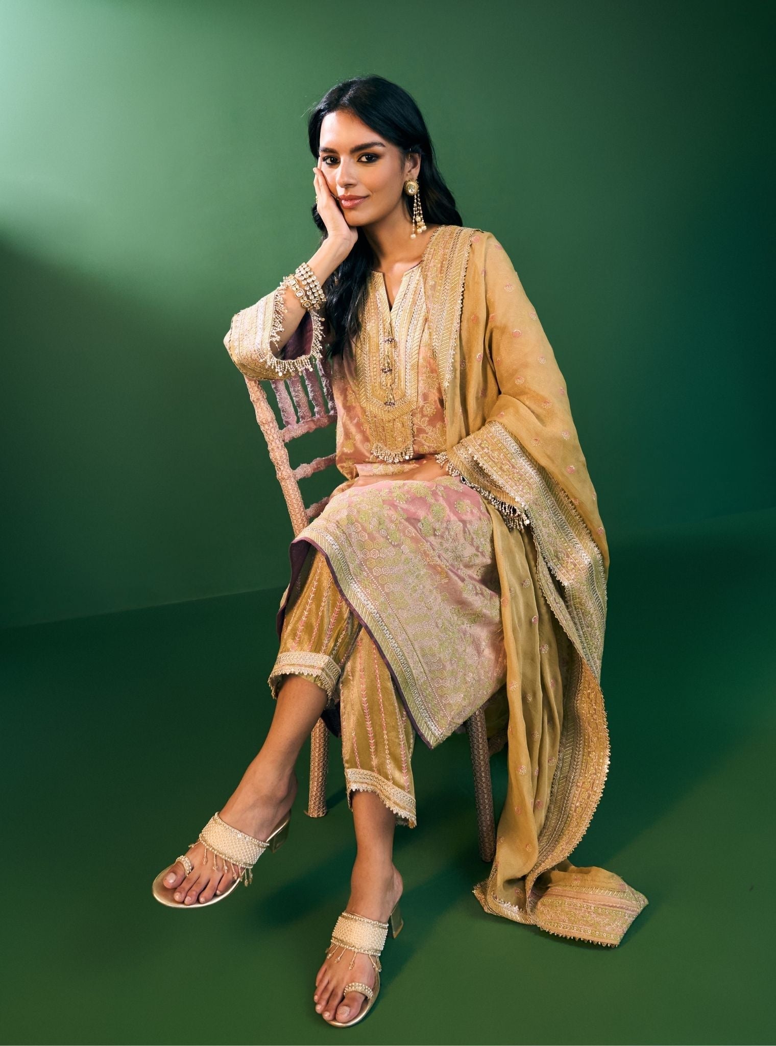 Aini Tissue Pink Kurta Set