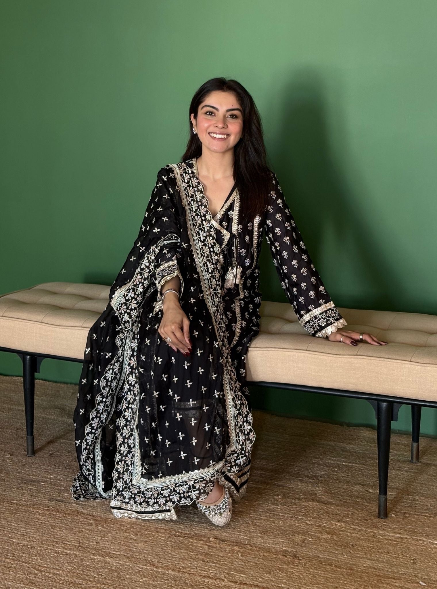 Patola Organza Satin Black Anarkali Kurta Set