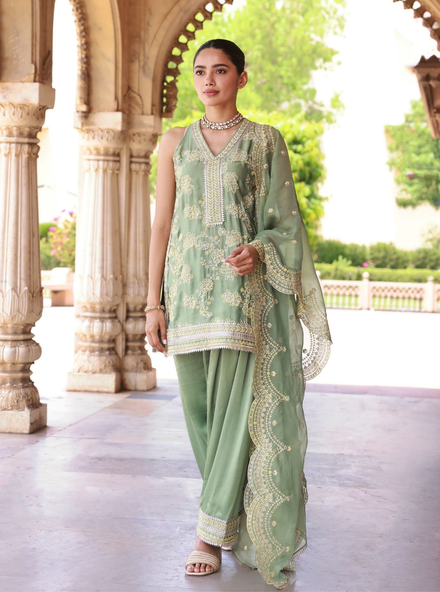 Jivara Bemberg Satin Sage Green Kurta Set