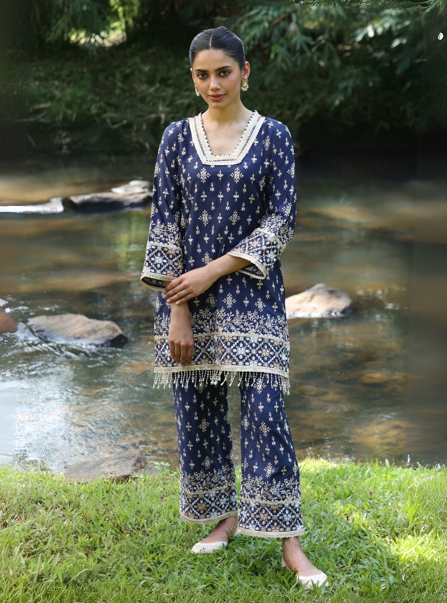 Kalander Pima Satin Navy Kurta Set