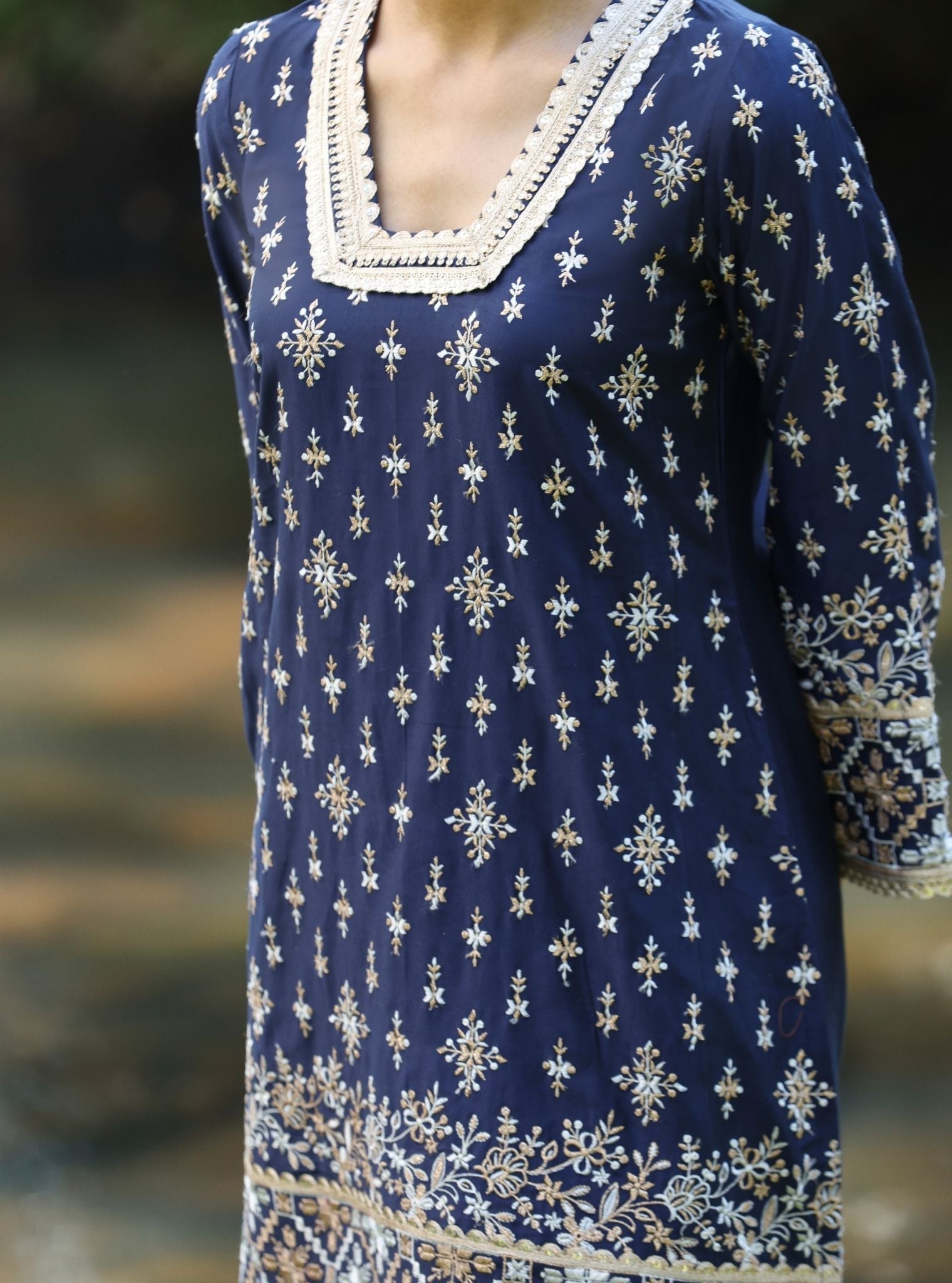 Kalander Pima Satin Navy Kurta Set